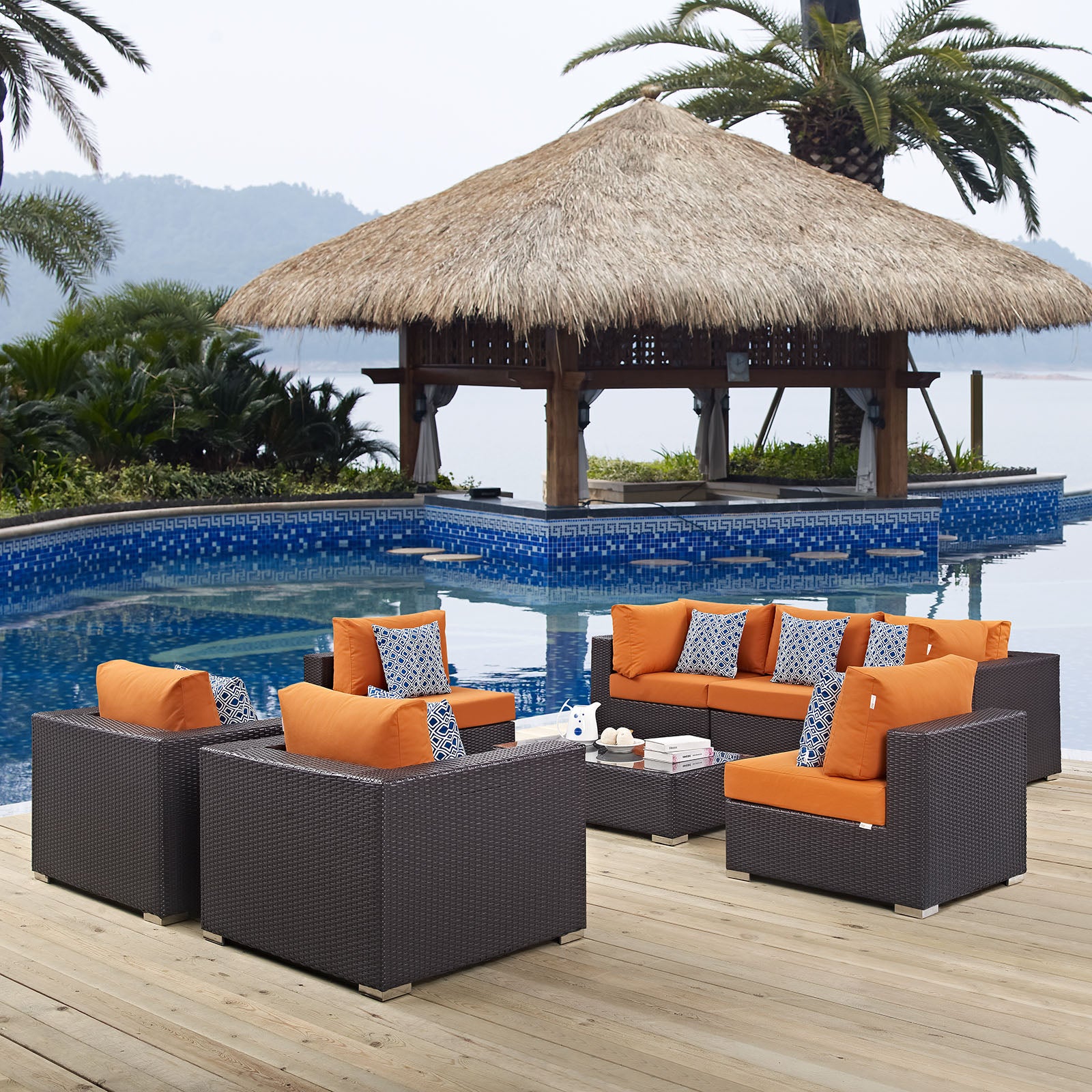 Modway Outdoor Conversation Sets - Convene 8 Piece Outdoor 99"W Patio Sectional Set Espresso Orange