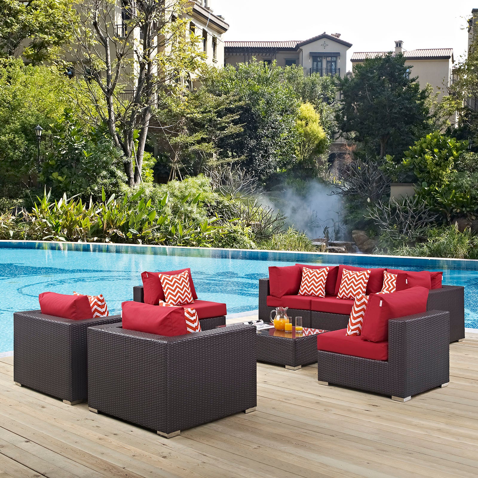 Modway Outdoor Conversation Sets - Convene 8 Piece Outdoor Patio Sectional Set in Espresso Red