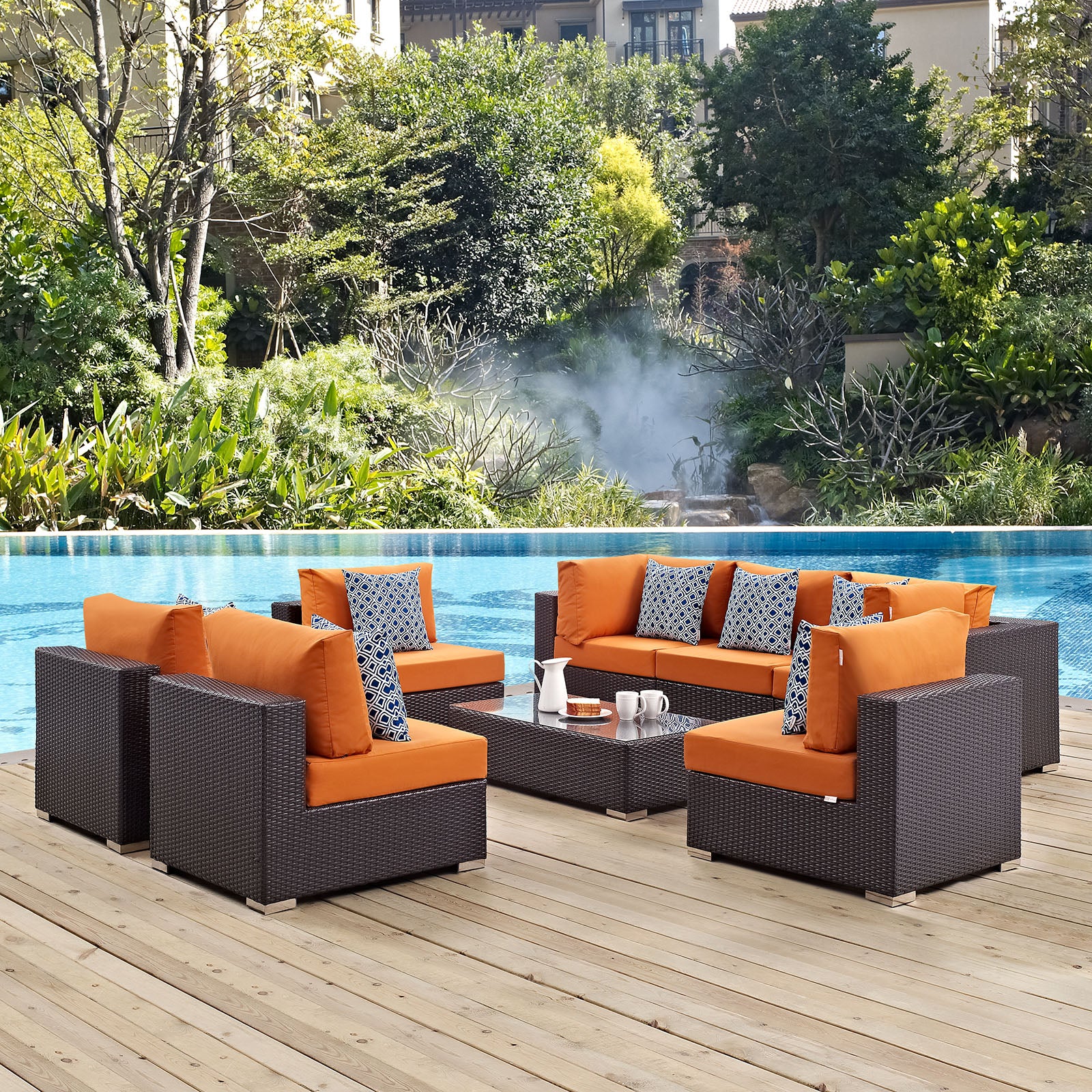 Modway Outdoor Conversation Sets - Convene 8 Piece Outdoor 226"W Patio Sectional Set Espresso Orange