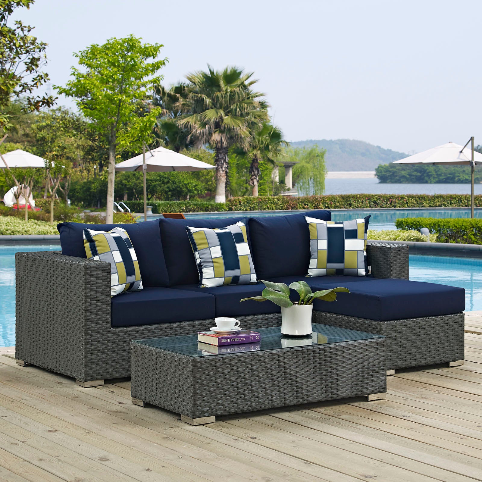 Modway Outdoor Conversation Sets - Sojourn 3 Piece Outdoor Patio Sunbrella Sectional Sofa Set Navy