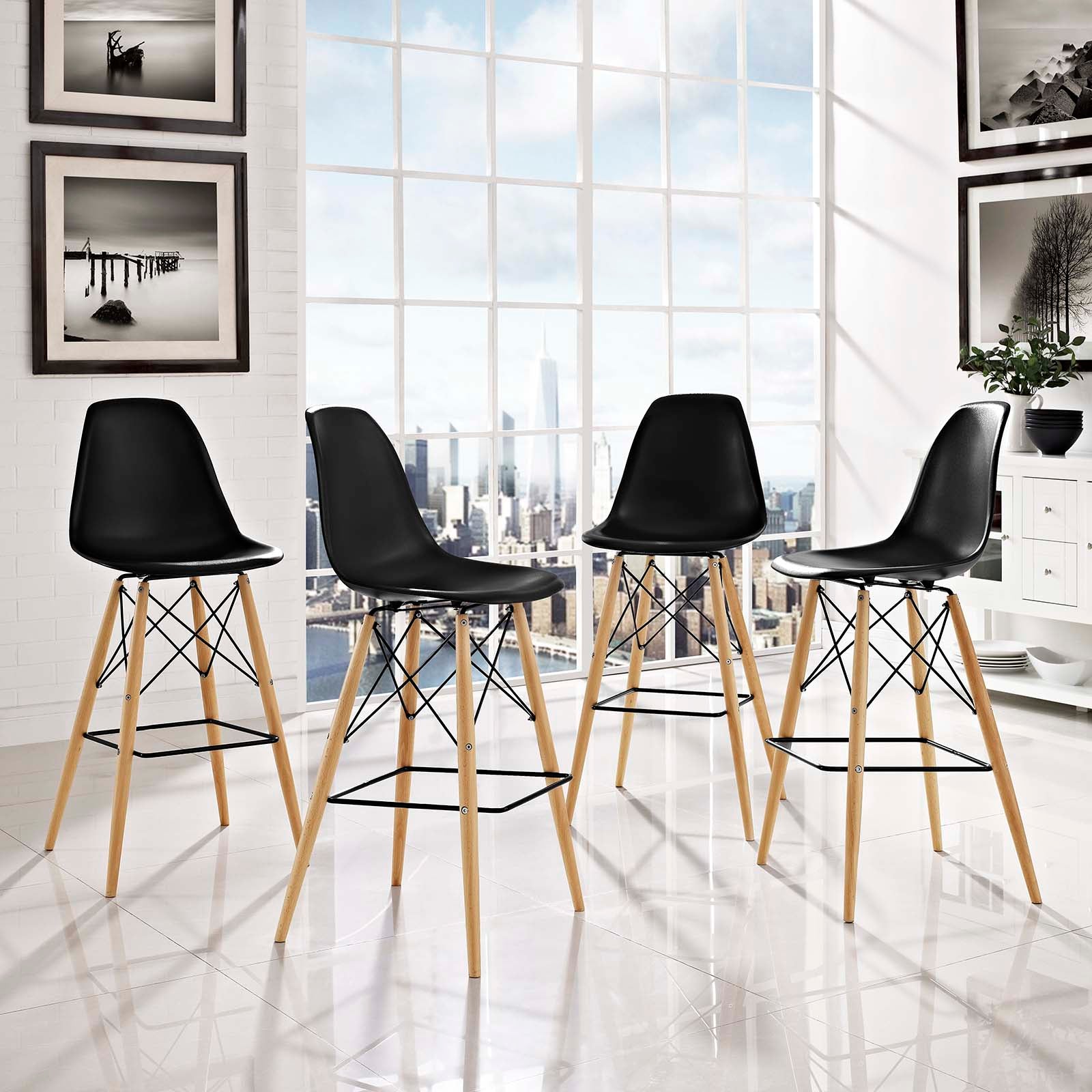 Modway Barstools - Pyramid Dining Side Bar Stool ( Set Of 4 ) Black