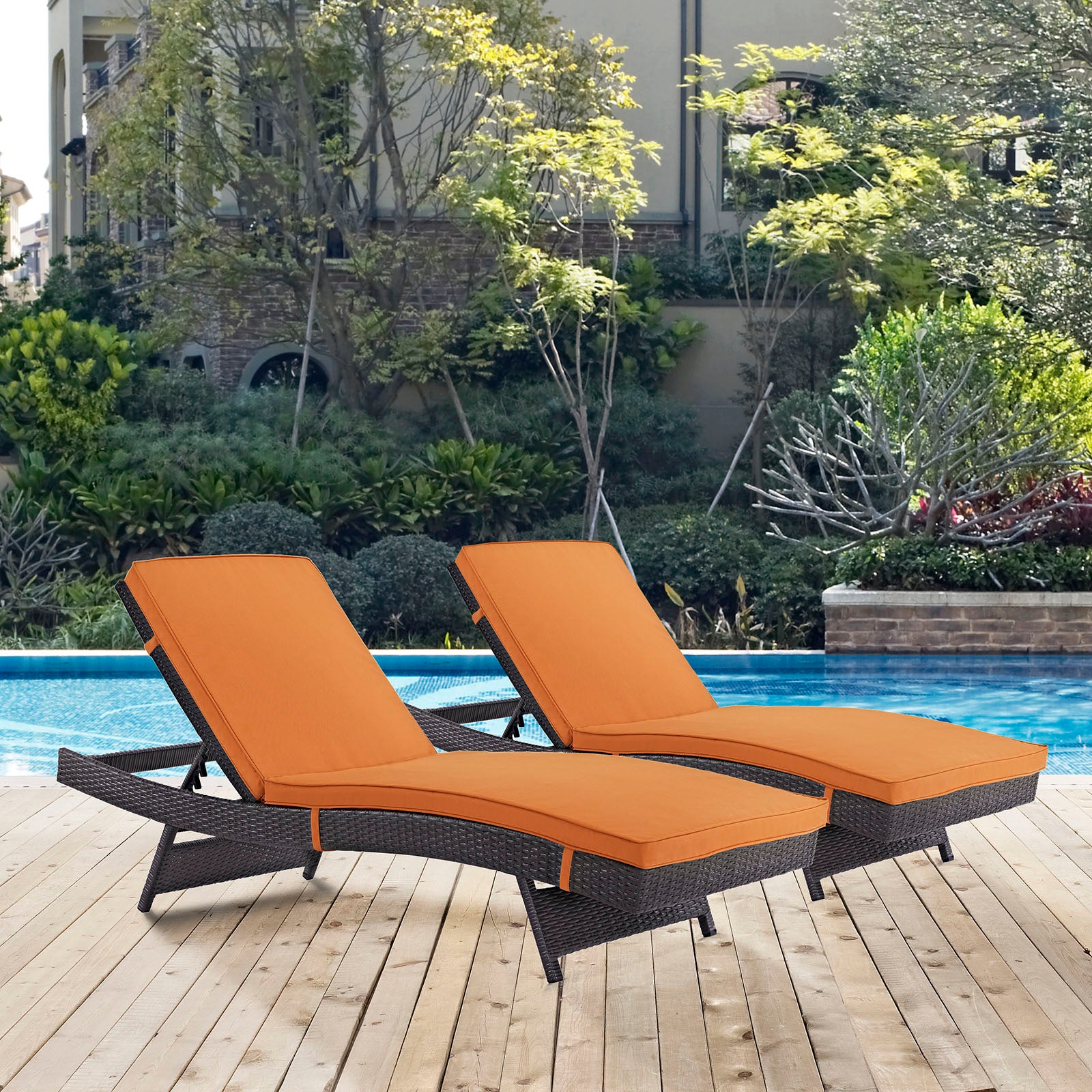 Modway Outdoor Loungers - Convene Chaise Outdoor Patio Set of 2 Espresso Orange