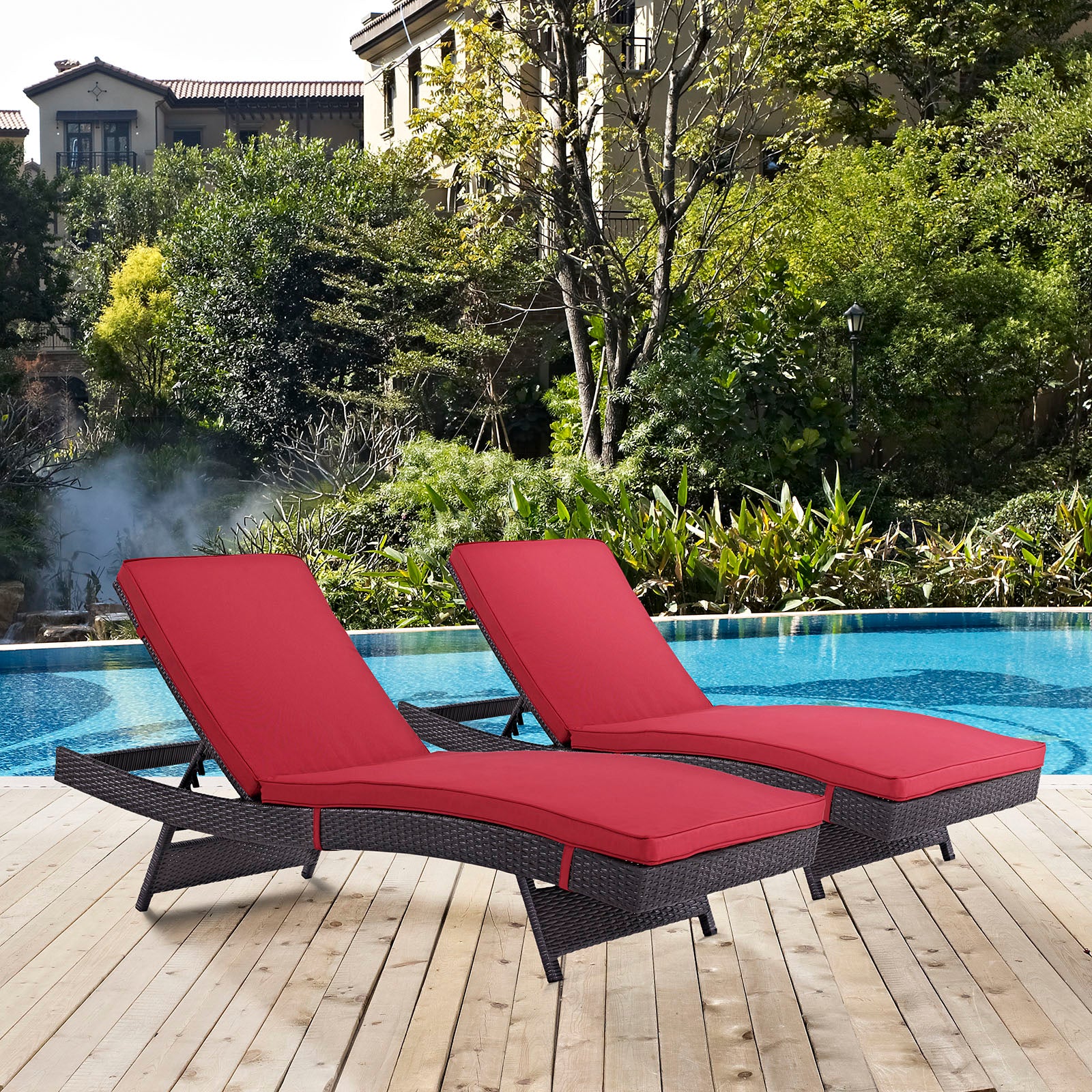 Modway Outdoor Loungers - Convene Chaise Outdoor Patio Set of 2 Espresso Red