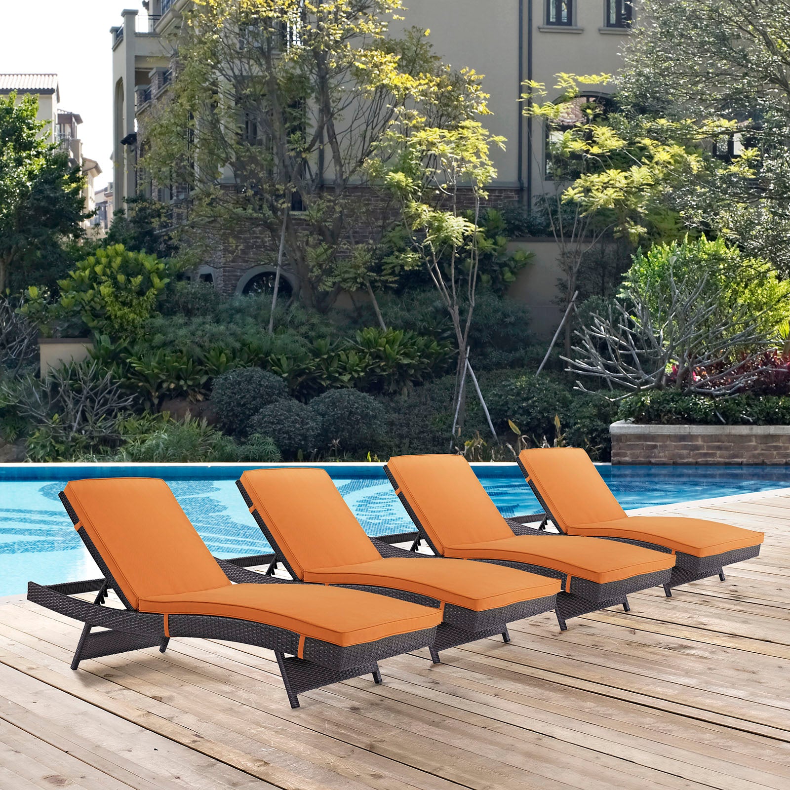 Modway Outdoor Loungers - Convene Chaise Outdoor Patio Set of 4 Espresso Orange