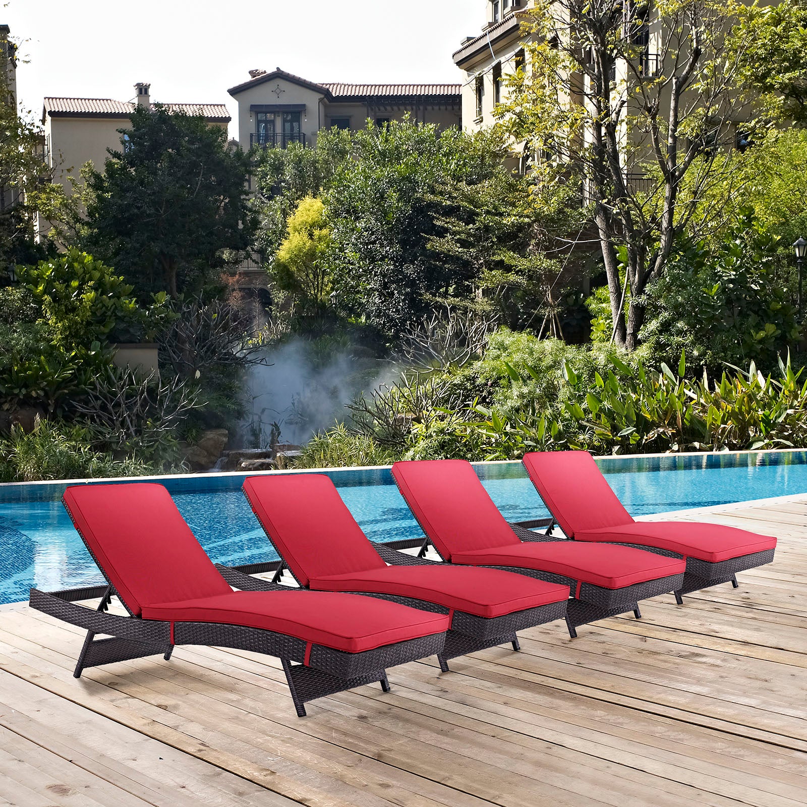 Modway Outdoor Loungers - Convene Chaise Outdoor Patio Set of 4 Espresso Red