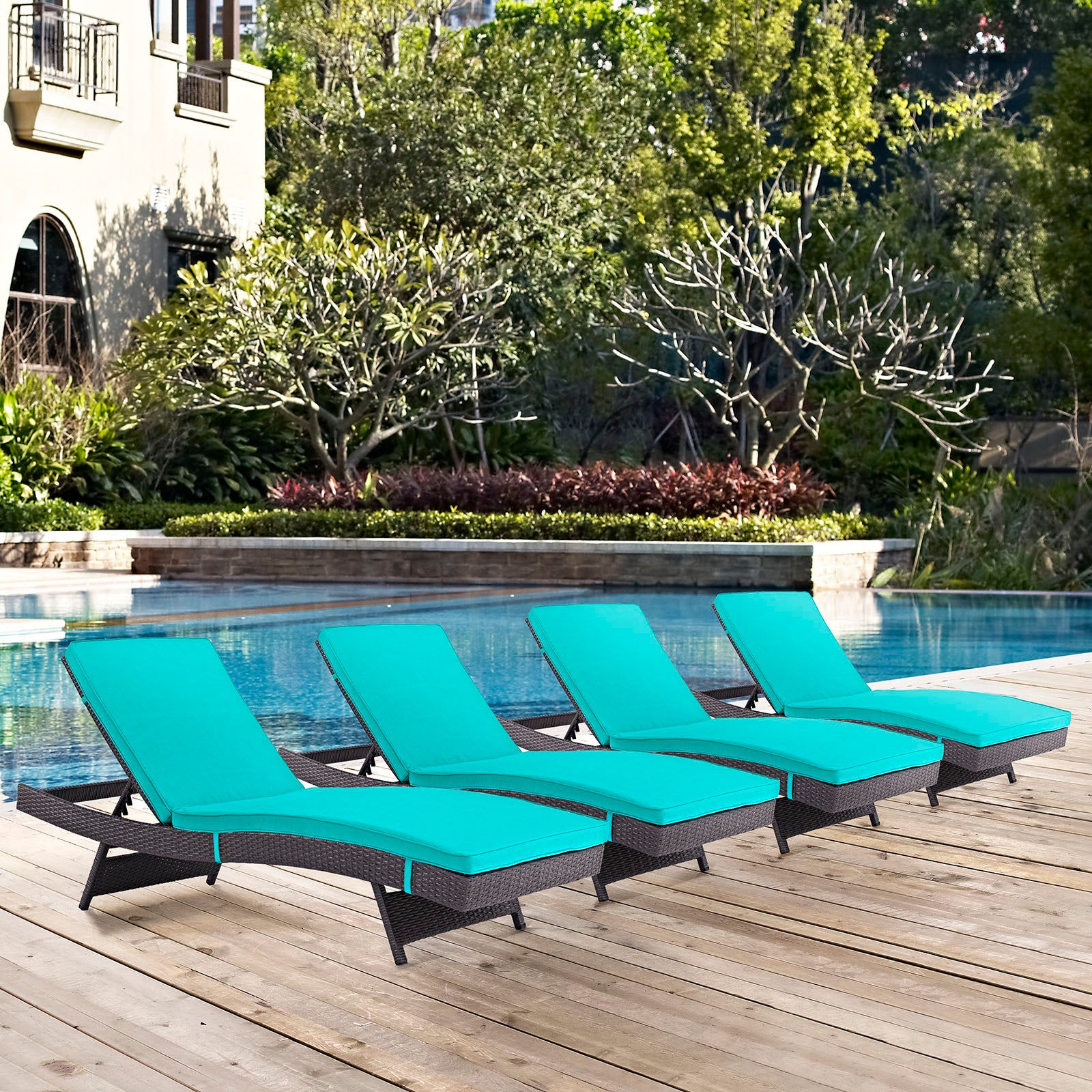 Modway Outdoor Loungers - Convene Chaise Outdoor Patio Set of 4 Espresso Turquoise