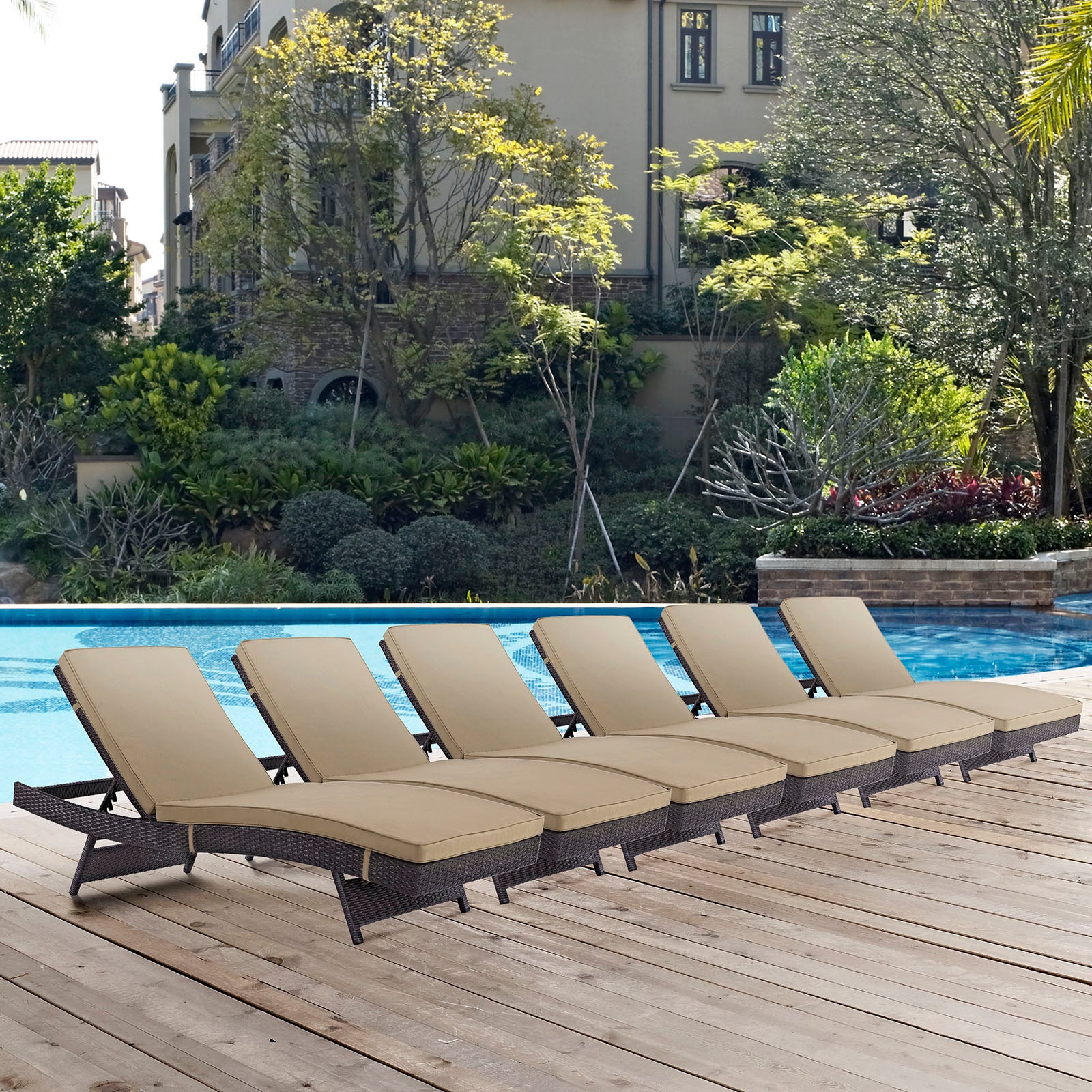Modway Outdoor Loungers - Convene Chaise Outdoor Patio Set of 6 Espresso Mocha