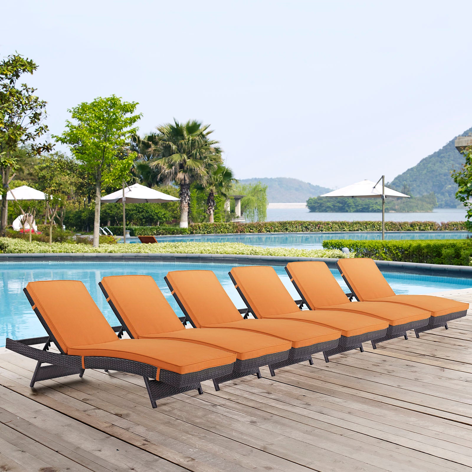 Modway Outdoor Loungers - Convene Chaise Outdoor Patio Set of 6 Espresso Orange