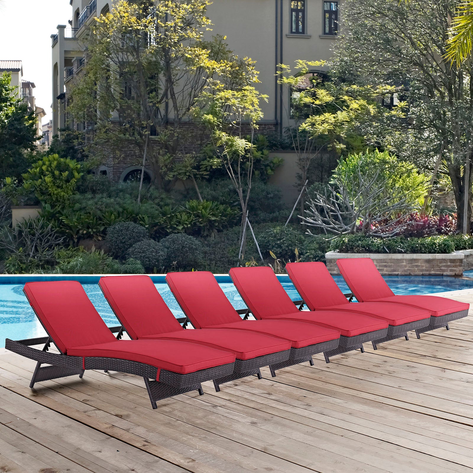 Modway Outdoor Loungers - Convene Chaise Outdoor Patio Set of 6 Espresso Red