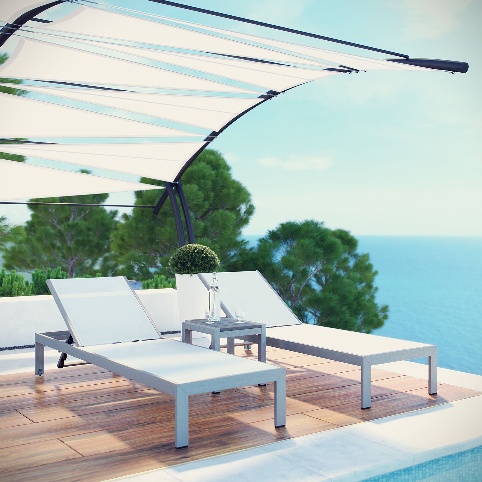 Modway Outdoor Loungers - Shore 3 Piece Outdoor Patio Aluminum Set Silver White