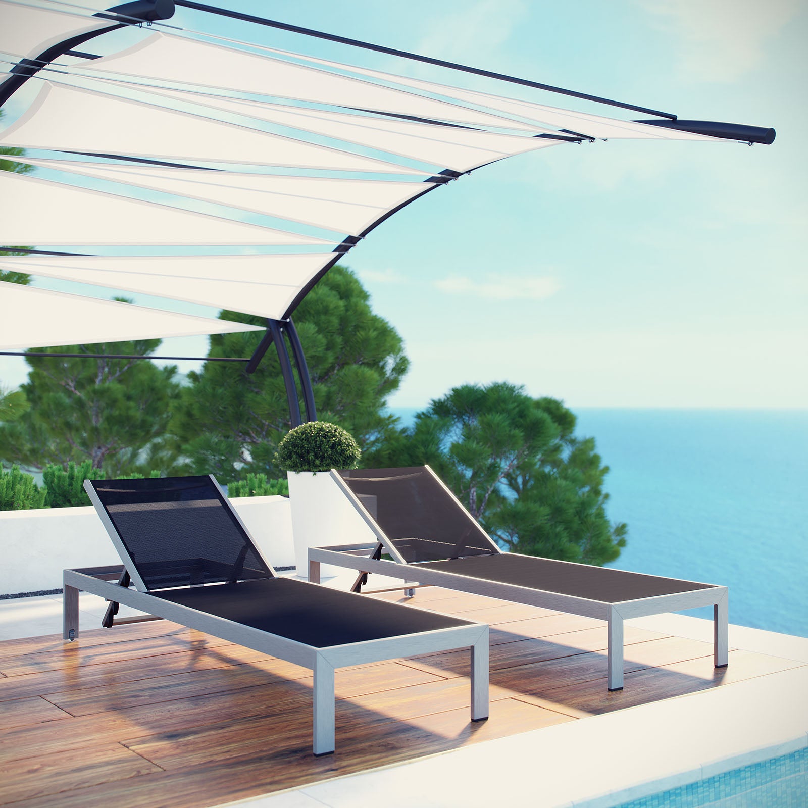 Modway Outdoor Loungers - Shore Chaise Outdoor Patio Aluminum Set of 2 Silver Black