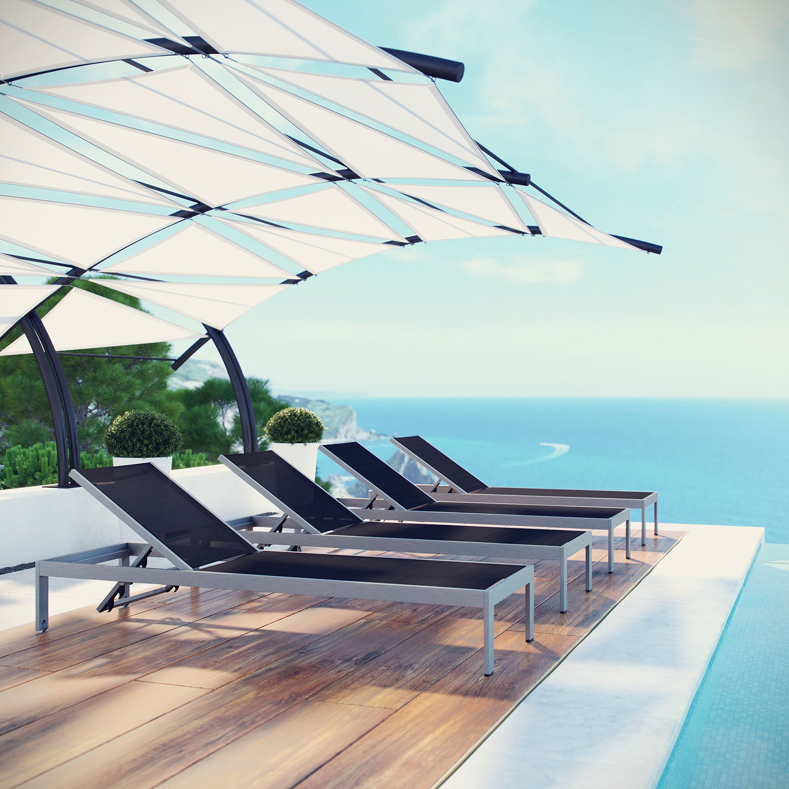Modway Outdoor Loungers - Shore Chaise Outdoor Patio Aluminum Set of 4 Silver Black