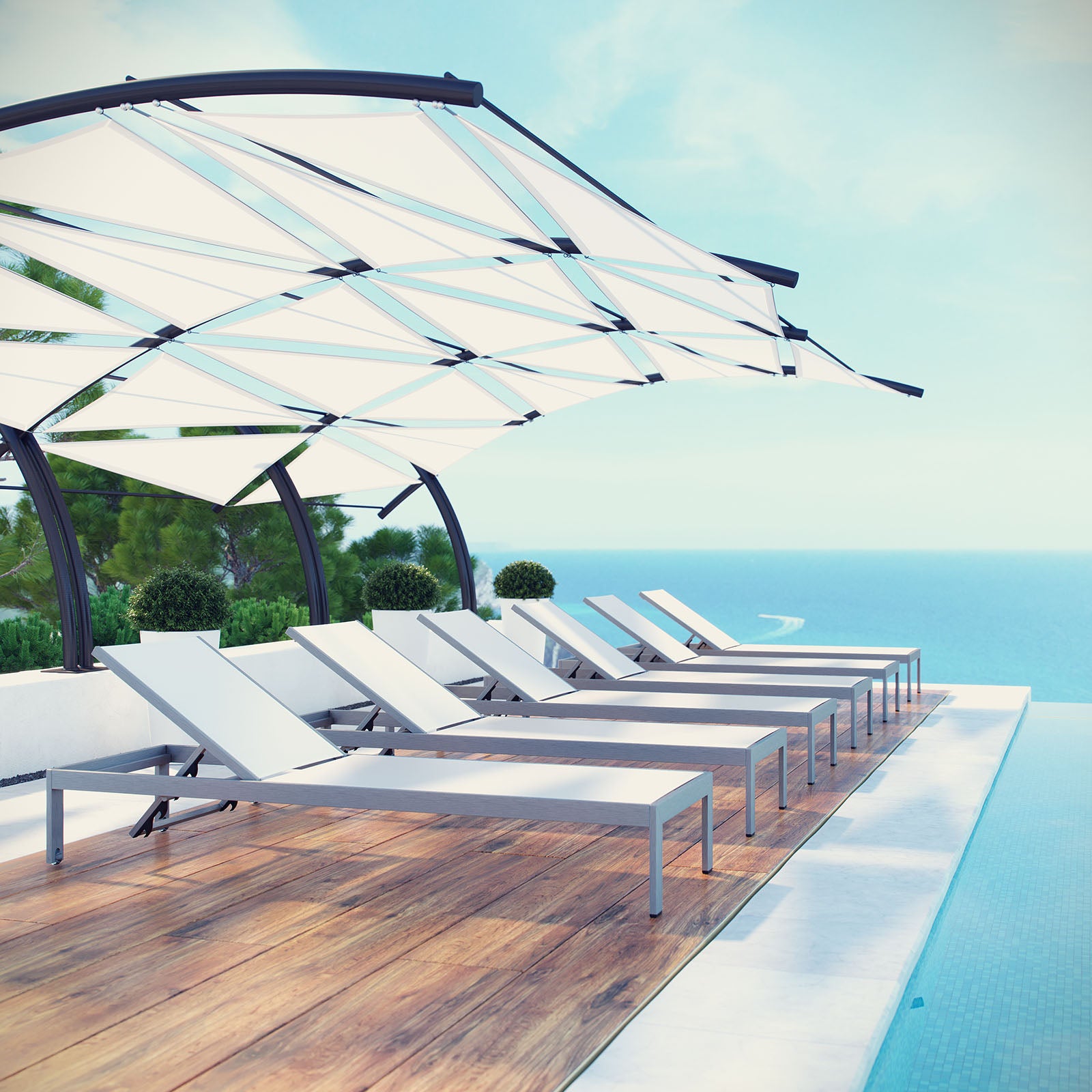 Modway Outdoor Loungers - Shore Chaise Outdoor Patio Aluminum Set of 6 Silver White
