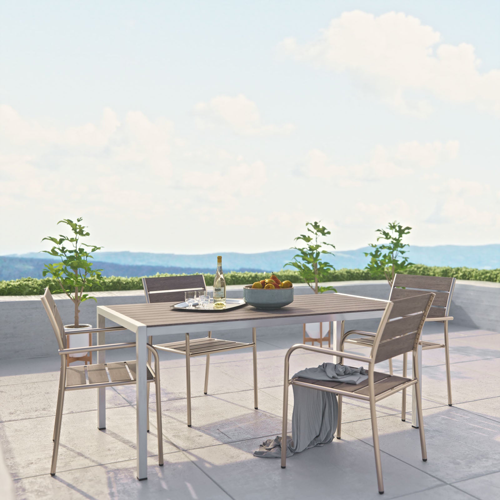 Modway Outdoor Dining Sets - Shore 80.5" 5 Piece Outdoor Patio Aluminum Dining Set Silver Gray