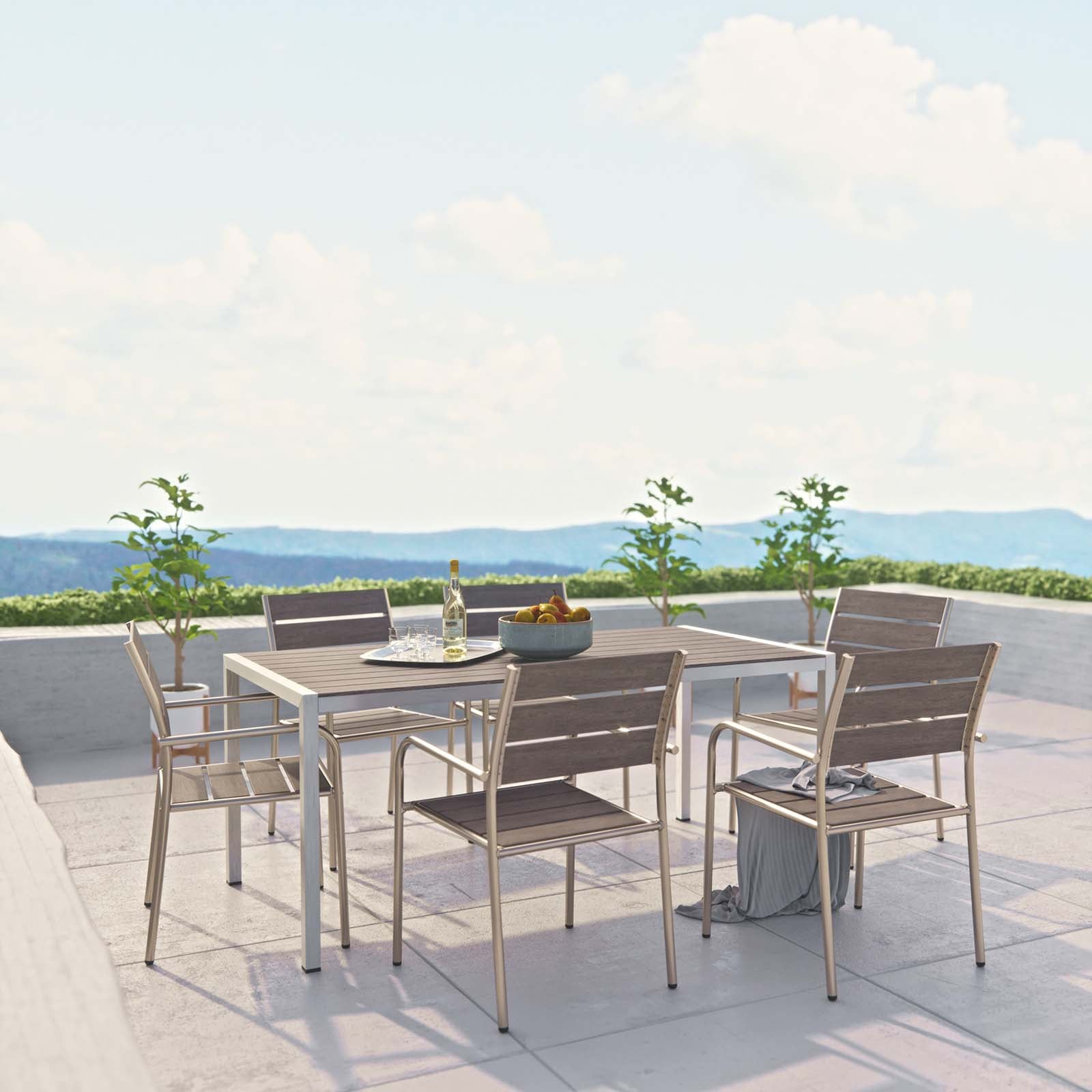 Modway Outdoor Dining Sets - Shore 80.5" 7 Piece Outdoor Patio Aluminum Dining Set Silver Gray