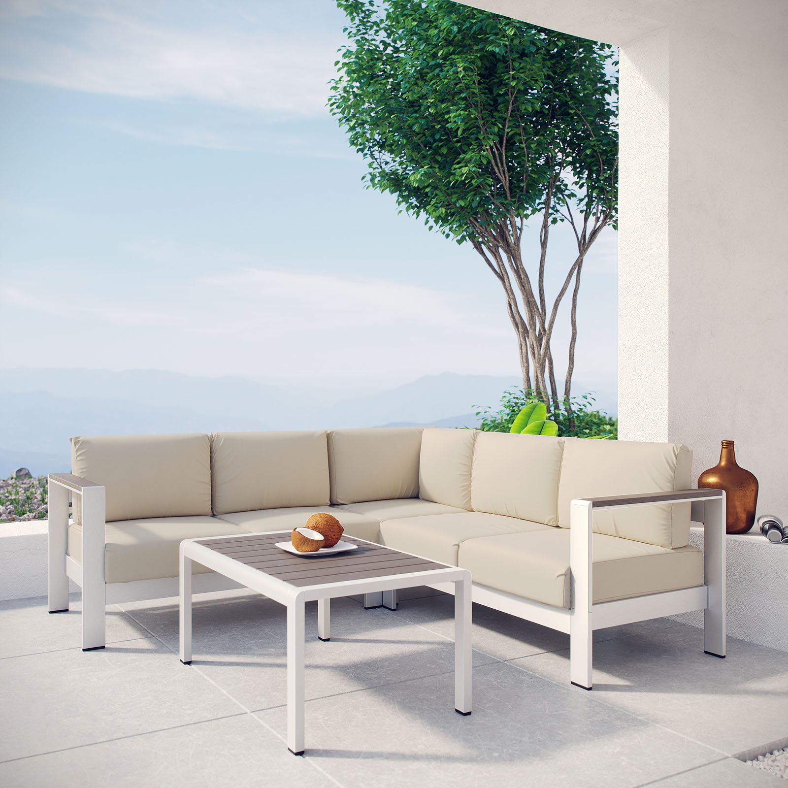 Modway Outdoor Conversation Sets - Shore 4 Piece Outdoor 25 " H Patio Aluminum Sectional Sofa Set Silver
