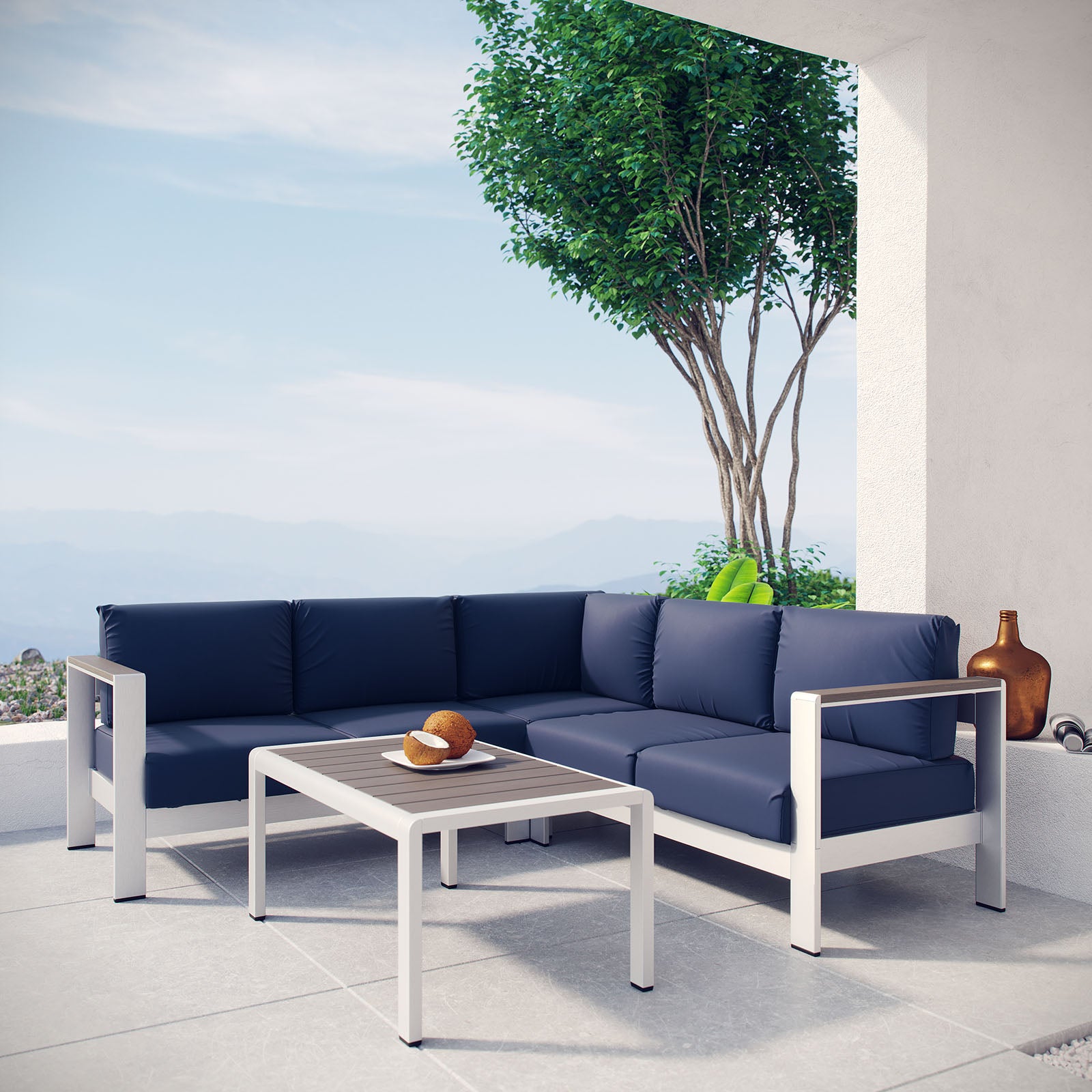 Modway Outdoor Conversation Sets - Shore 4 Piece Outdoor 80.5"W Patio Aluminum Sectional Sofa Set Silver