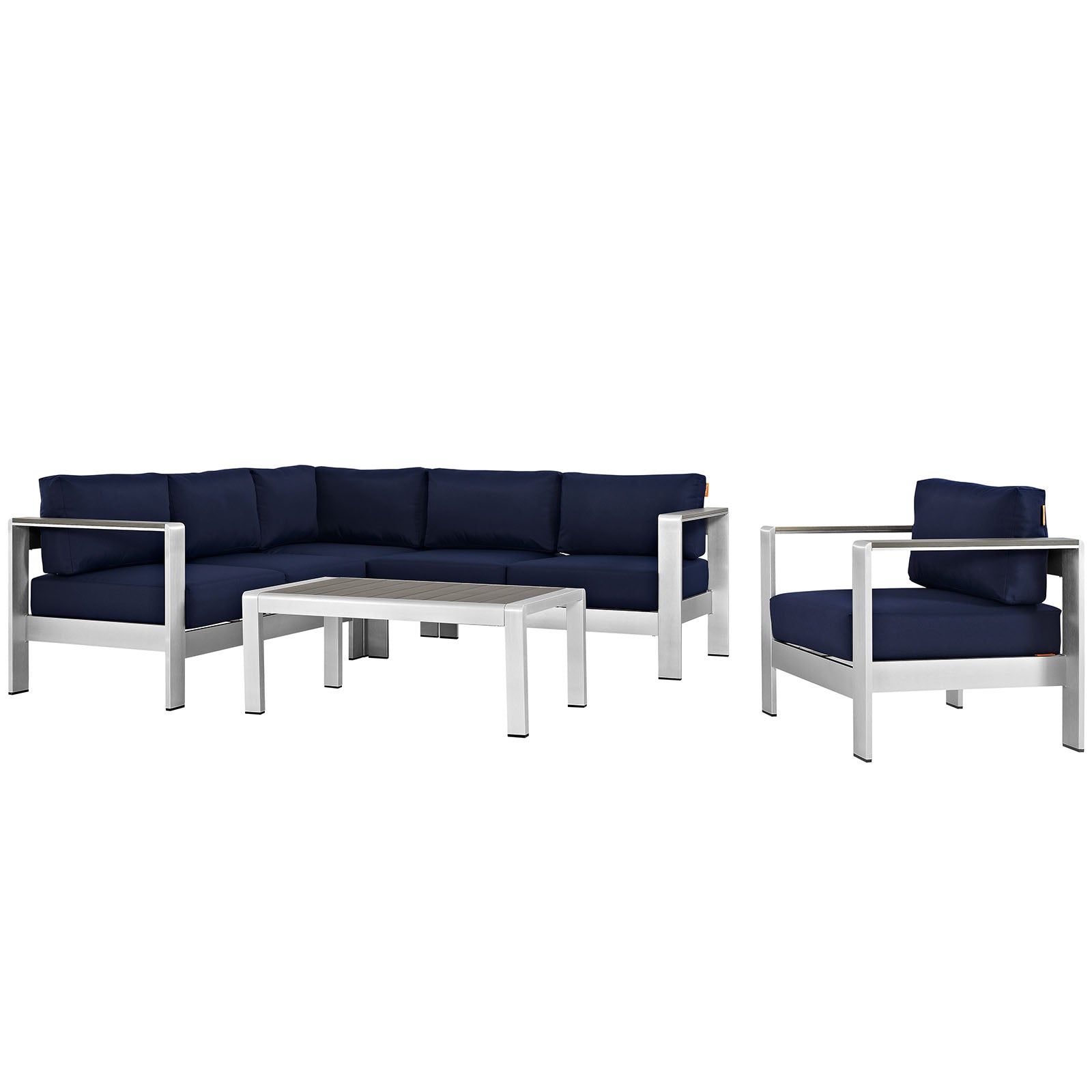 Modway Outdoor Conversation Sets - Shore 5 Piece Outdoor 108"W Patio Aluminum Sectional Sofa Set Silver
