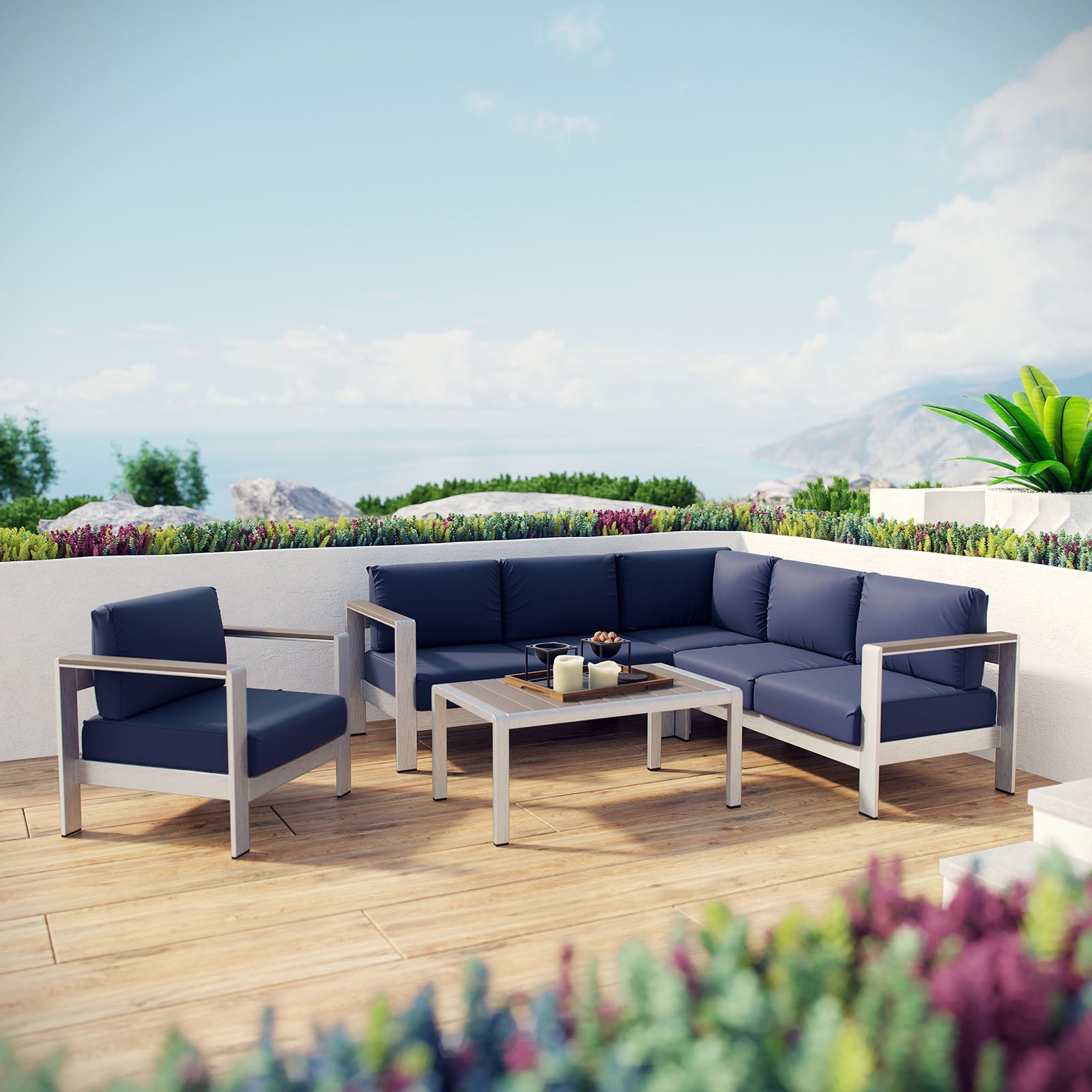 Modway Outdoor Conversation Sets - Shore 5 Piece Outdoor 108"W Patio Aluminum Sectional Sofa Set Silver
