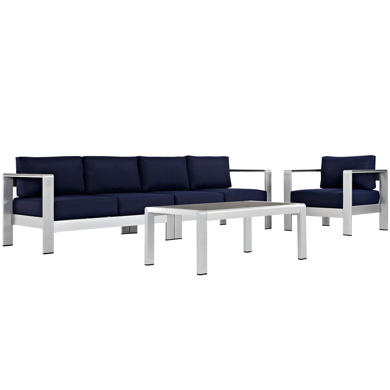 Modway Outdoor Conversation Sets - Shore 4 Piece Outdoor 133.5"W Patio Aluminum Sectional Sofa Set Silver