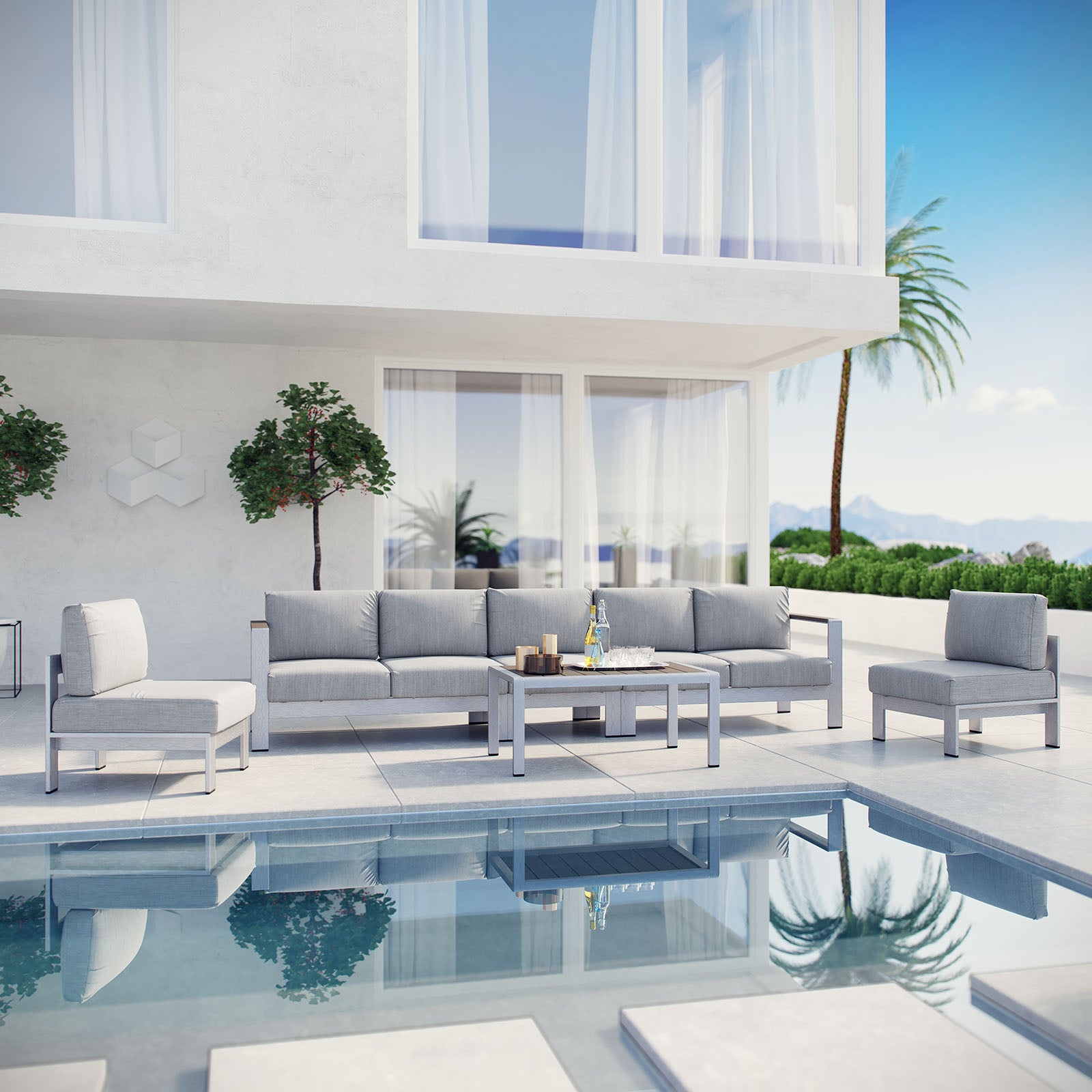 Modway Outdoor Conversation Sets - Shore 6 Piece 188.5"W Patio Aluminum Sectional Sofa Set Silver