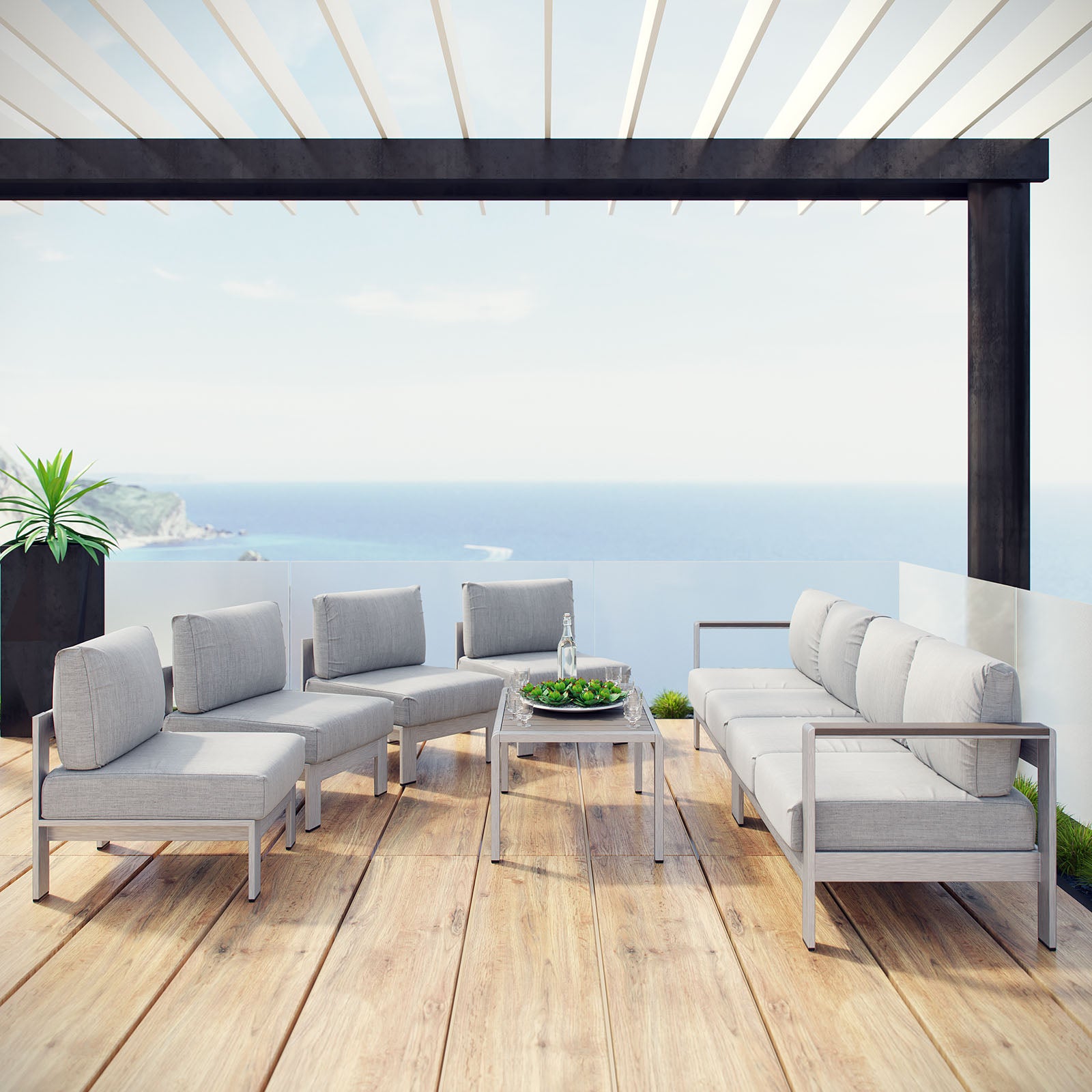 Modway Outdoor Conversation Sets - Shore 7 Piece Outdoor Patio Sectional Sofa Set Silver Gray