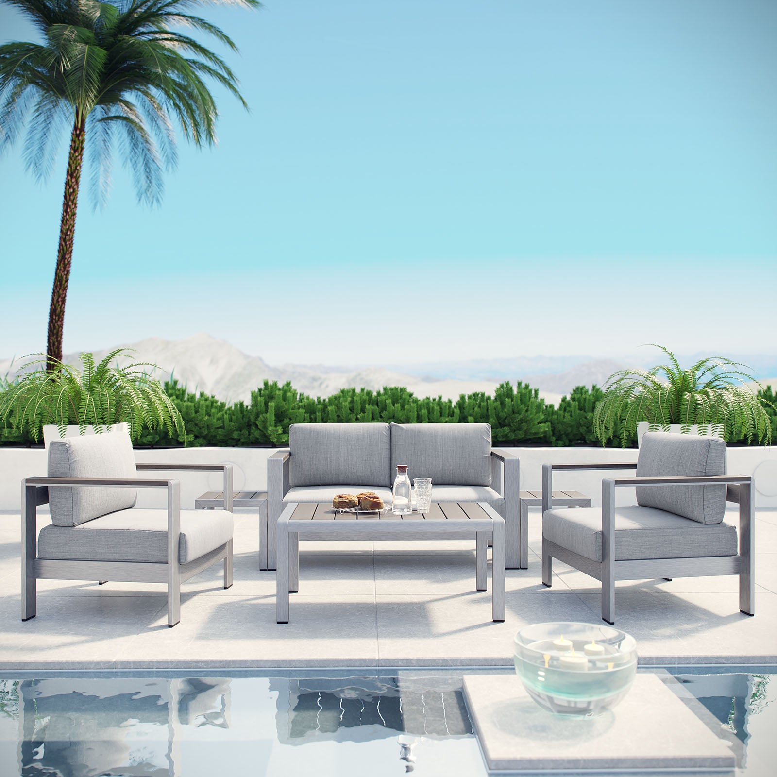 Modway Outdoor Conversation Sets - Shore 6 Piece Outdoor 111.5"W & 55 D Patio Aluminum Sectional Sofa Set Silver