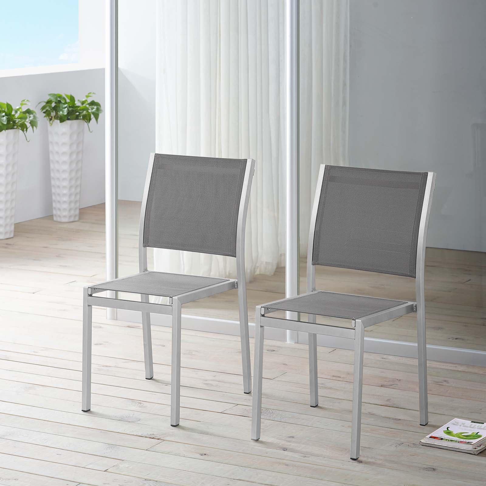 Modway Outdoor Dining Chairs - Shore Side Chair Outdoor Patio Aluminum Set of 2 Silver Gray