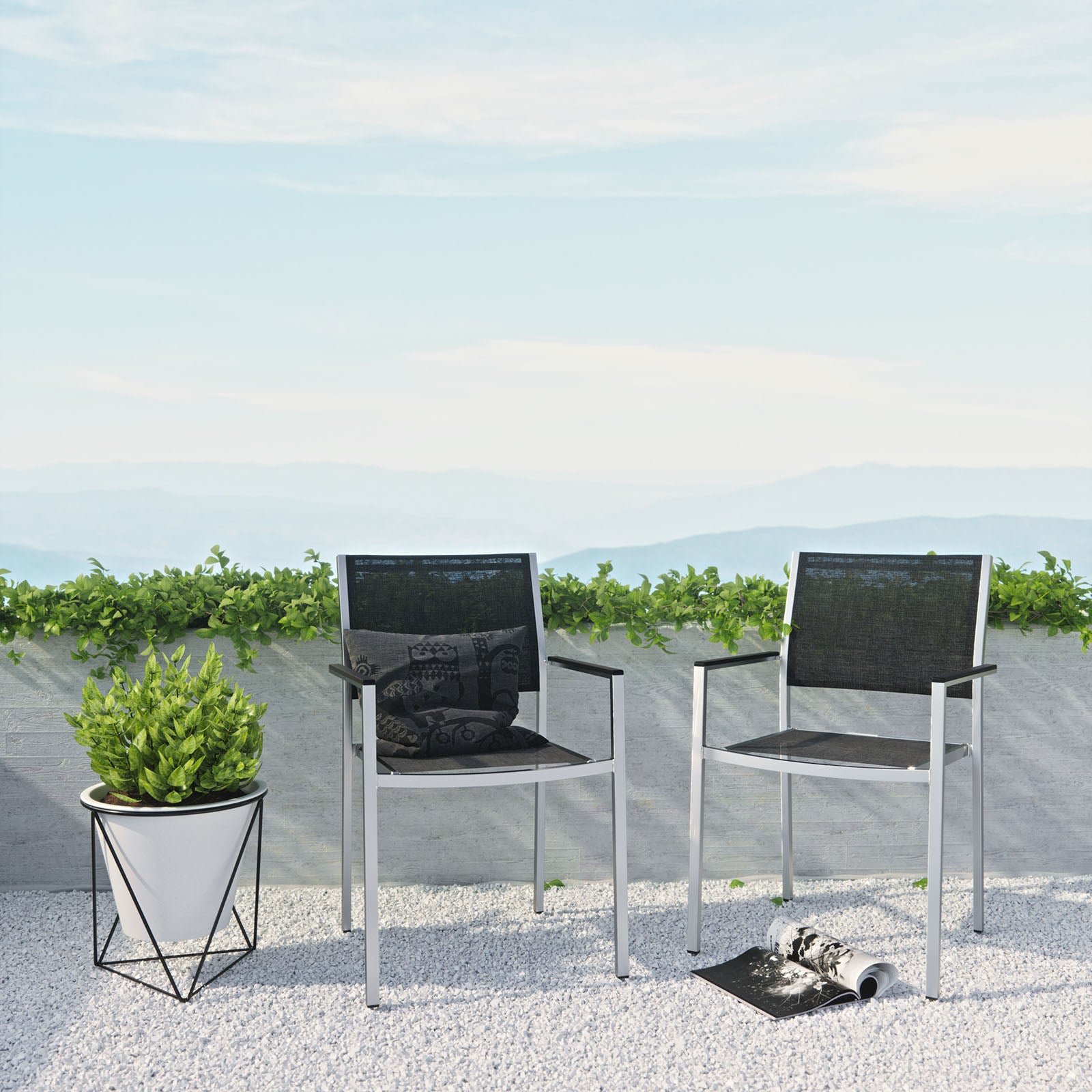 Shore Dining Chair Outdoor Patio Aluminum Set of 2 Silver Black
