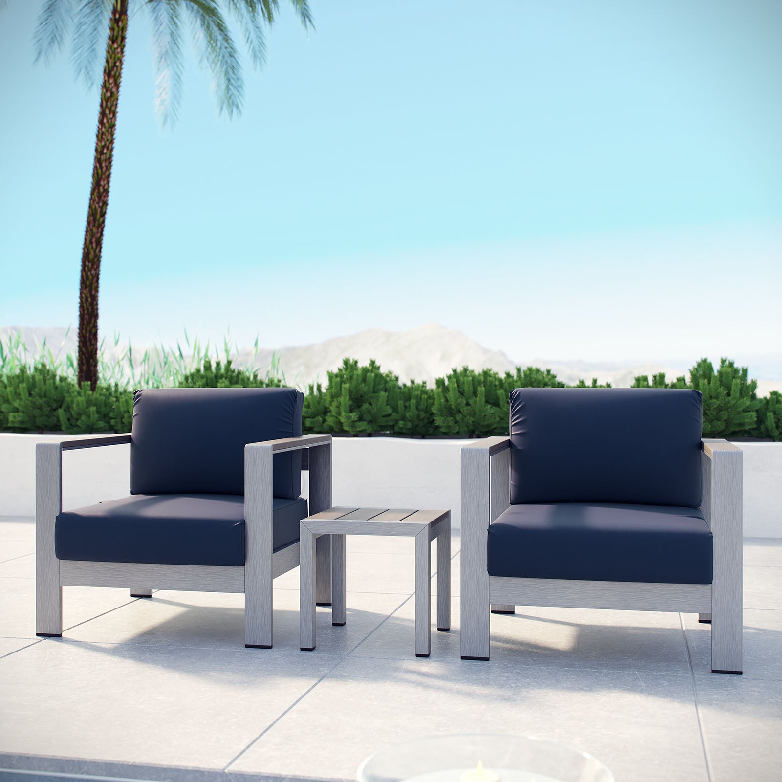 Shore 3 Piece Outdoor Patio Aluminum Set Silver Navy