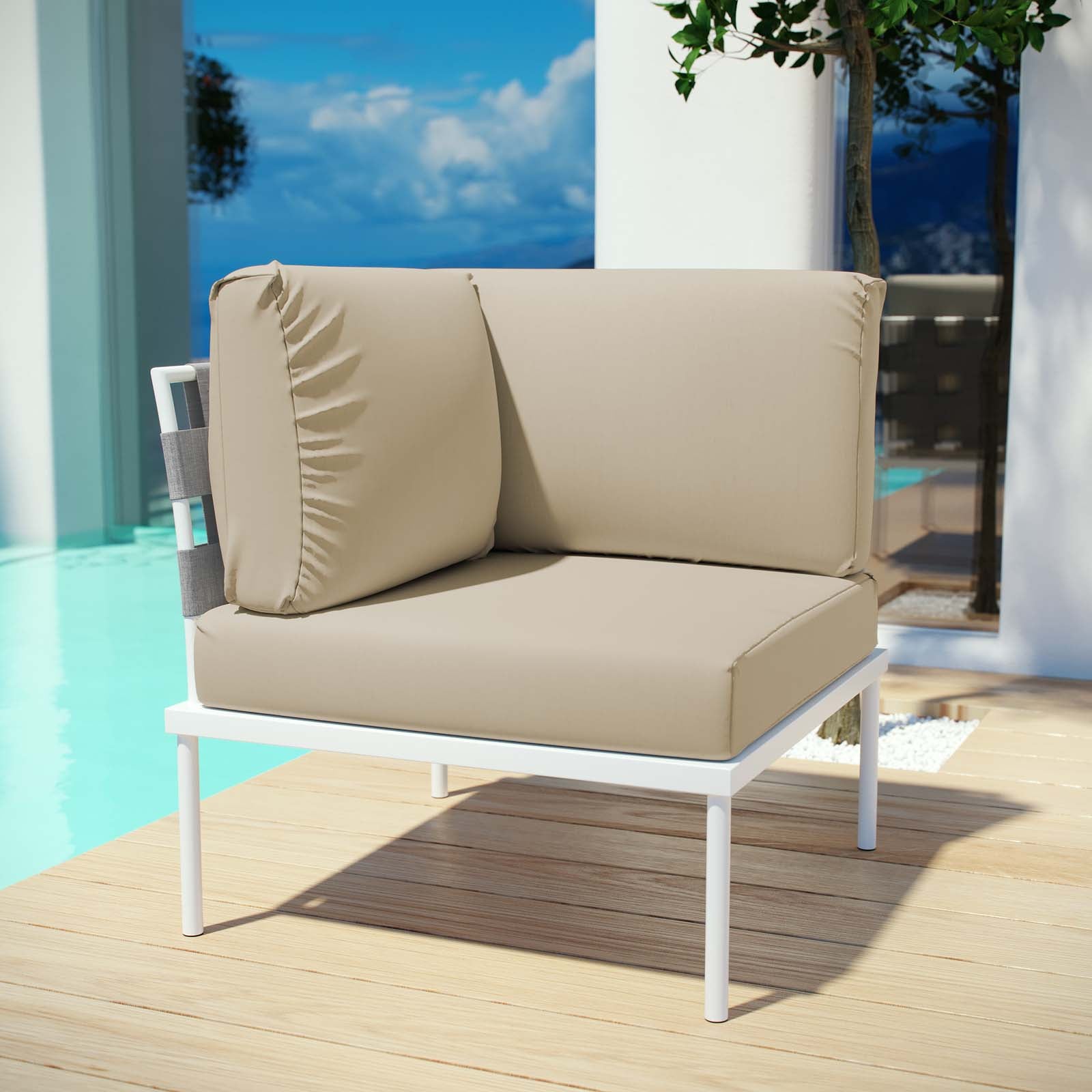 Modway Outdoor Chairs - Harmony Outdoor Patio Aluminum Corner Sofa White Beige