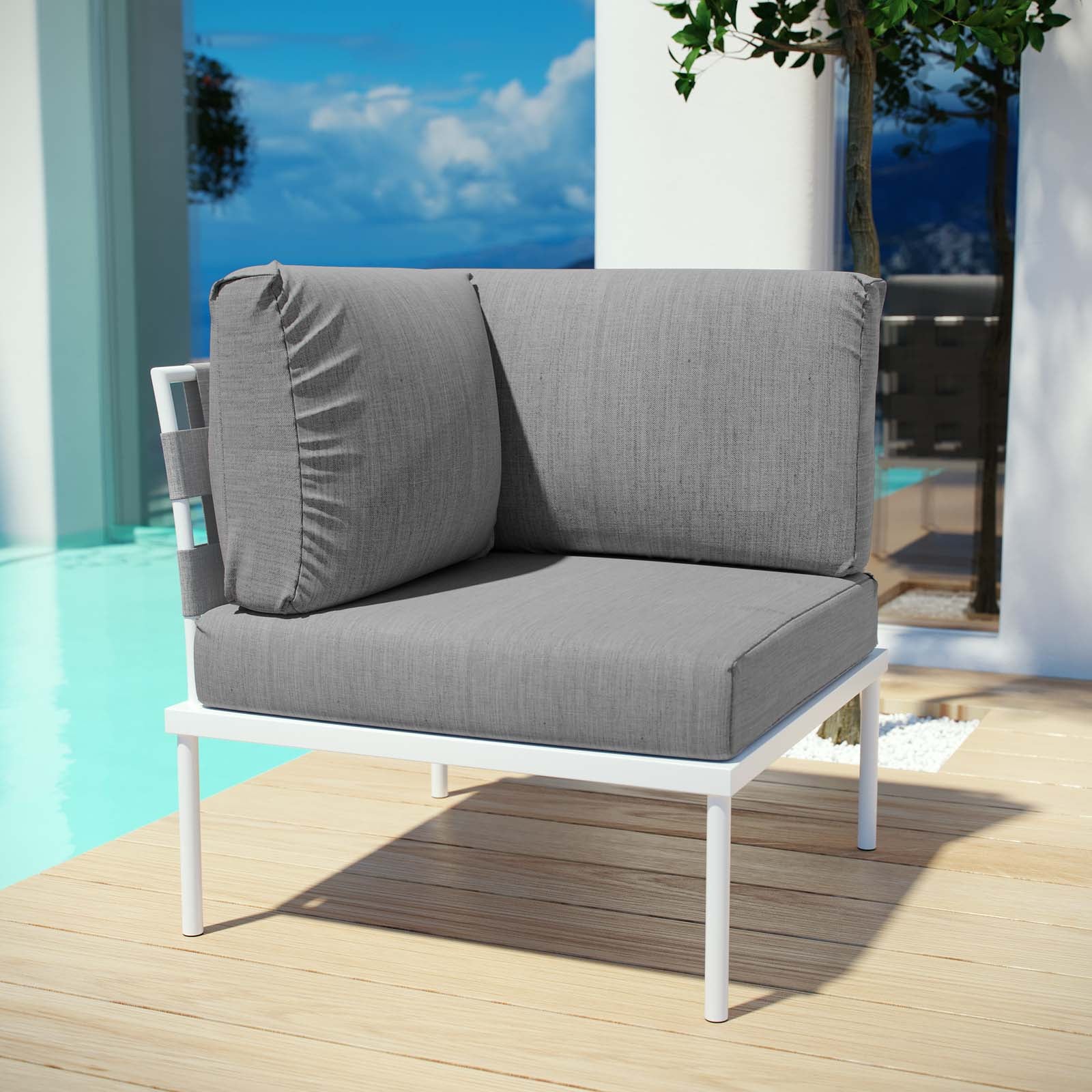 Modway Outdoor Chairs - Harmony Outdoor Patio Aluminum Corner Sofa White Gray