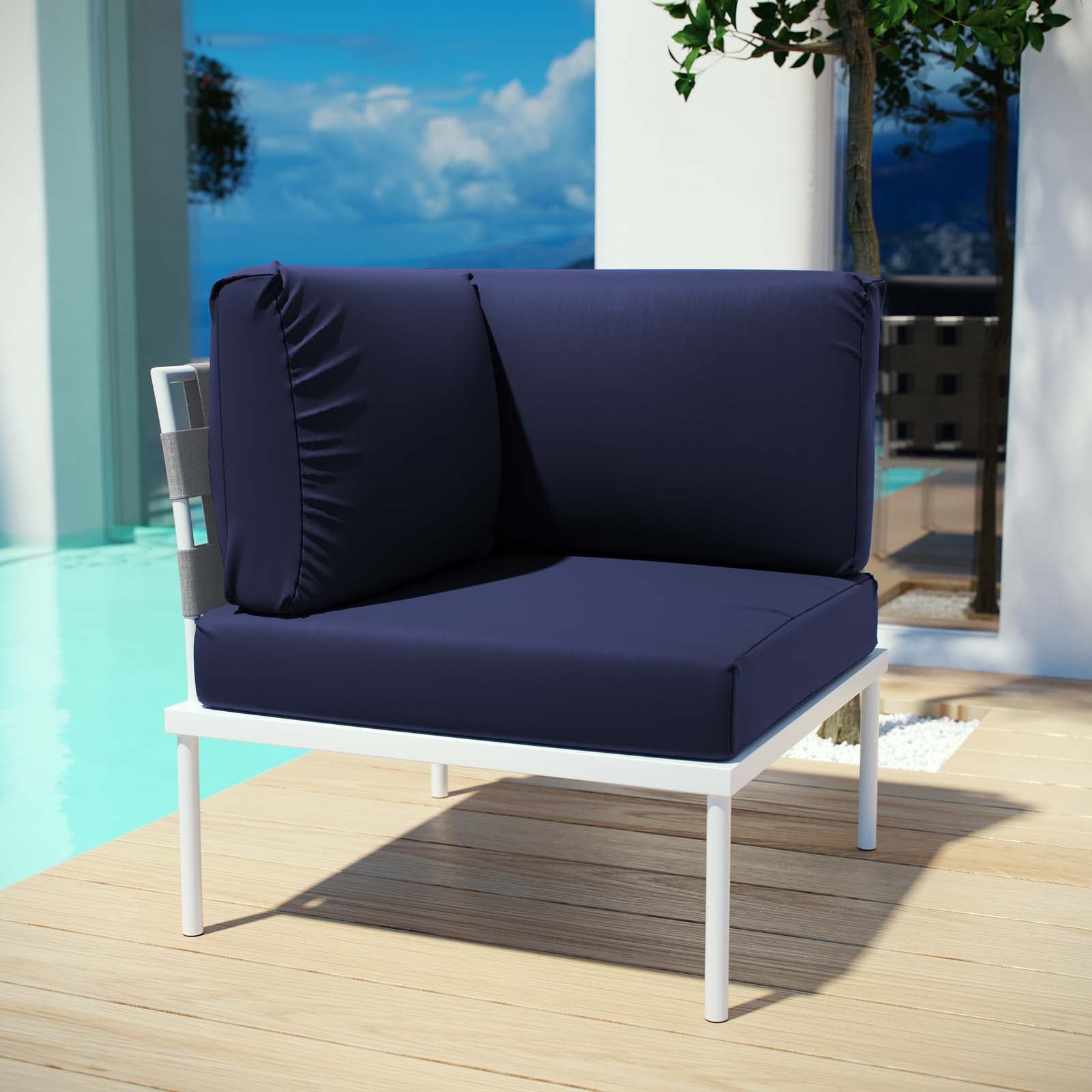 Modway Outdoor Chairs - Harmony Outdoor Patio Aluminum Corner Sofa White Navy
