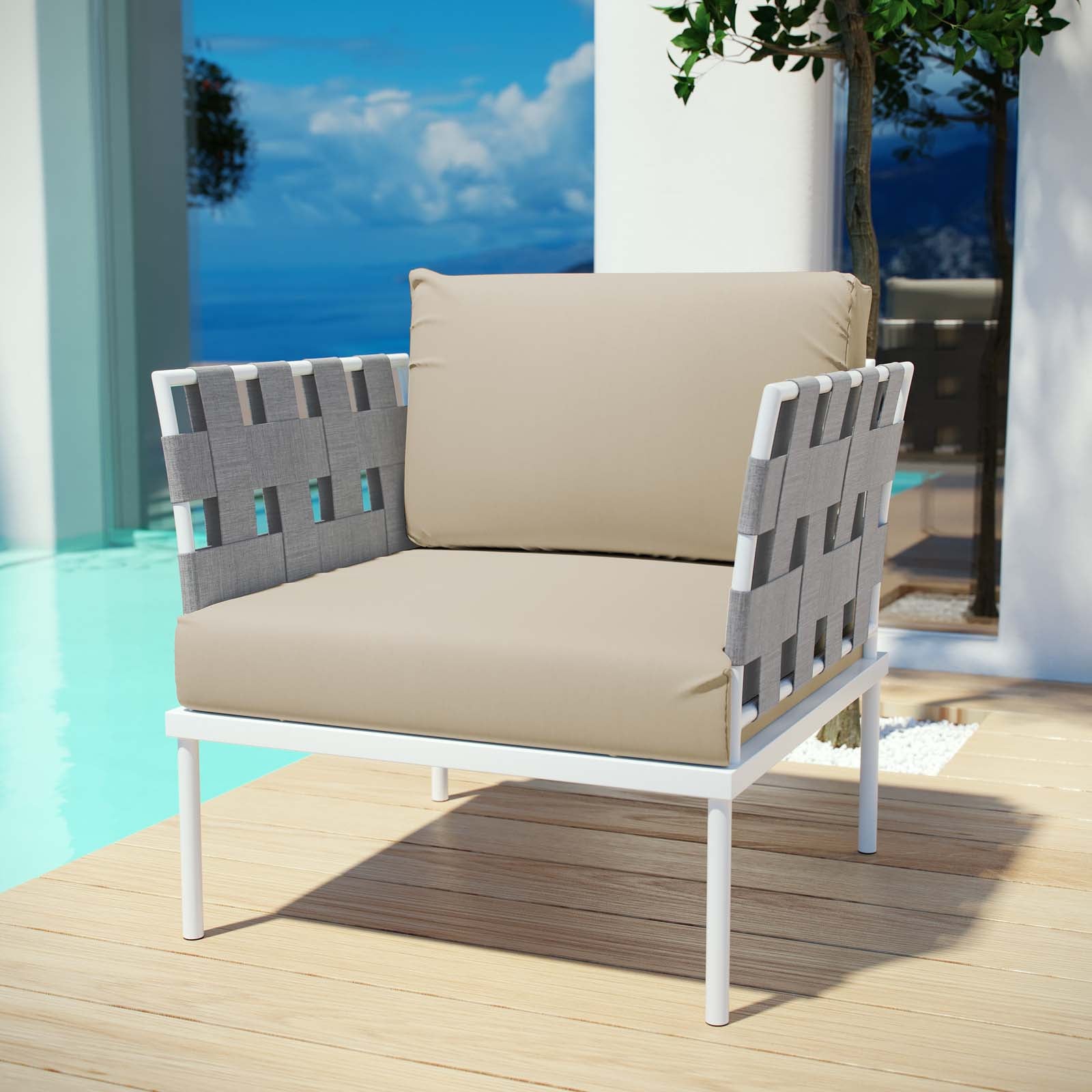 Modway Outdoor Chairs - Harmony Outdoor Patio Aluminum Armchair White Beige