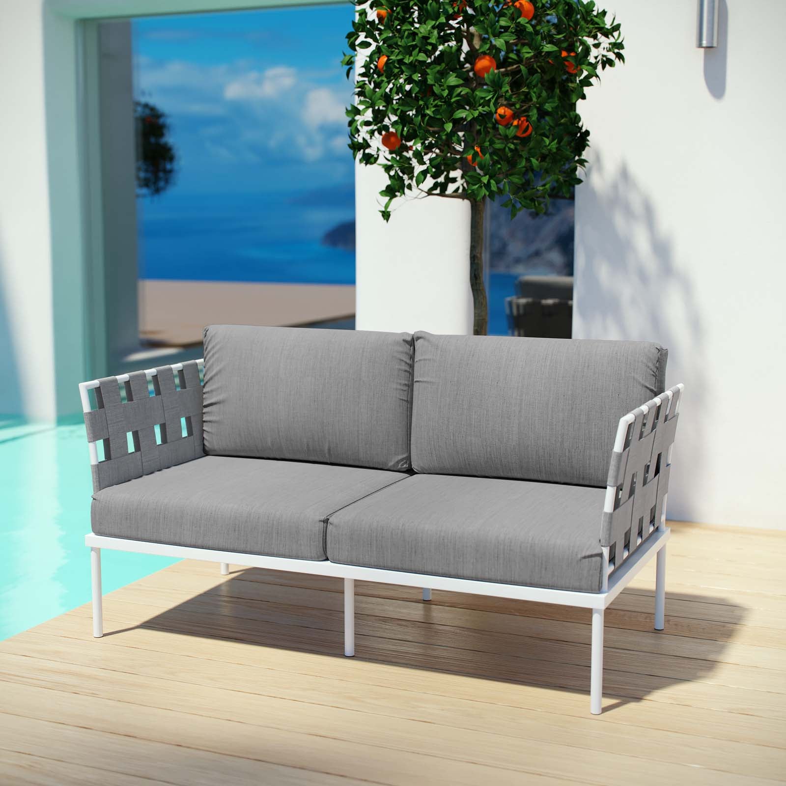 Modway Outdoor Sofas - Harmony Outdoor Patio Aluminum Loveseat White Gray