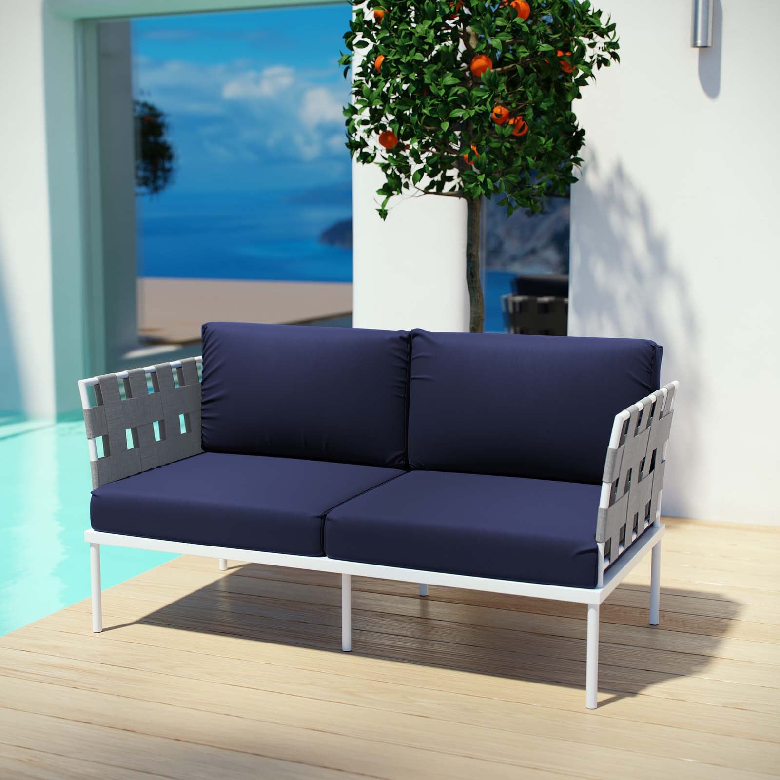 Modway Outdoor Sofas - Harmony Outdoor Patio Aluminum Loveseat White Navy