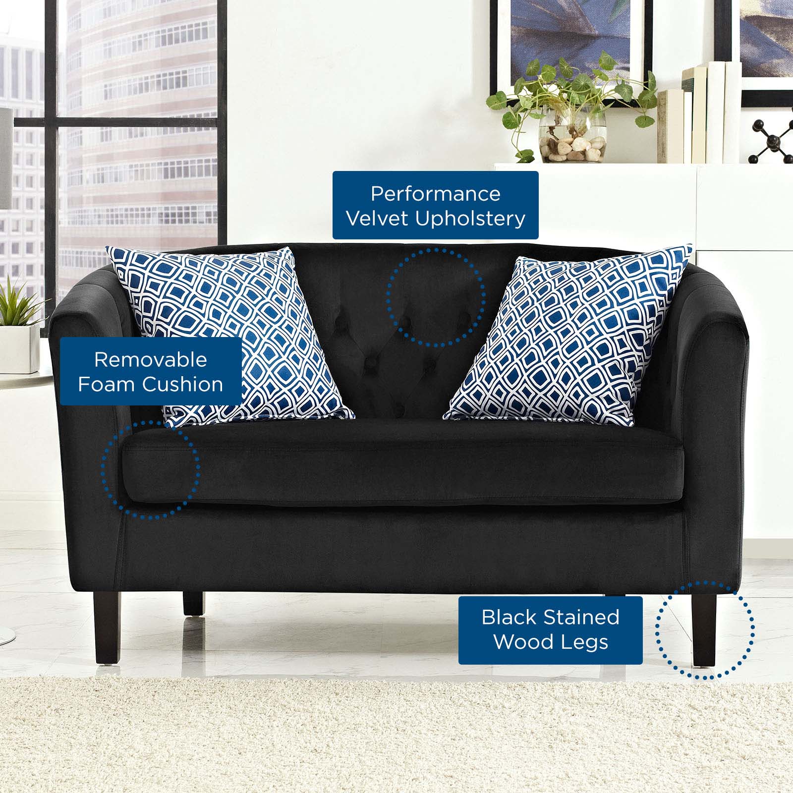 Modway Loveseats - Prospect Performance Velvet Loveseat Black