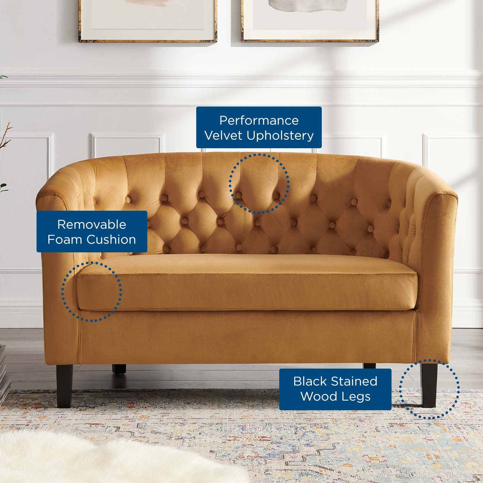 Modway Loveseats - Prospect Performance Velvet Loveseat Cognac