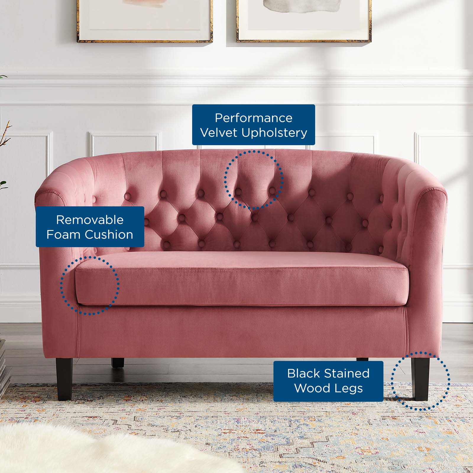 Modway Loveseats - Prospect Performance Velvet Loveseat Dusty Rose