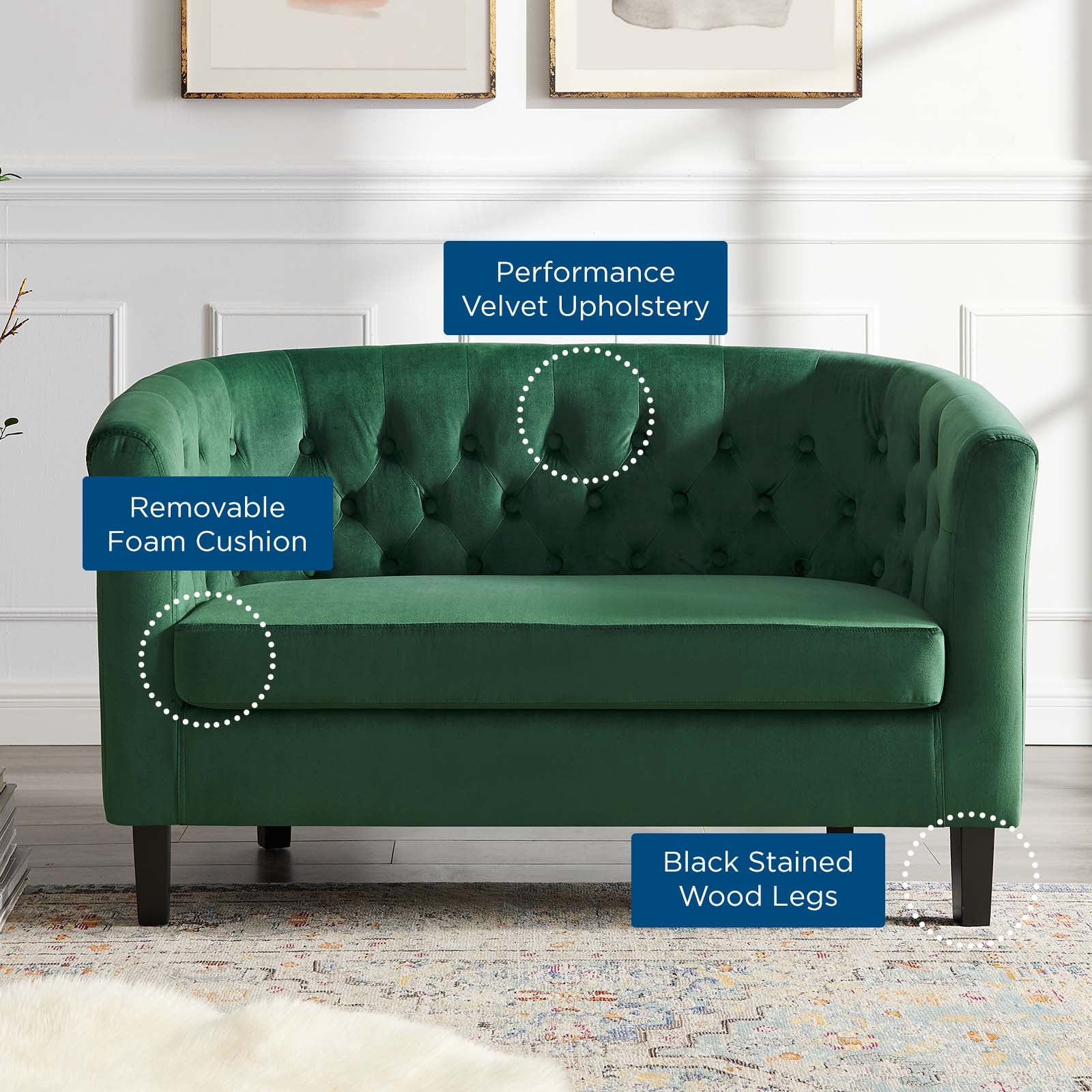 Modway Loveseats - Prospect Performance Velvet Loveseat Emerald