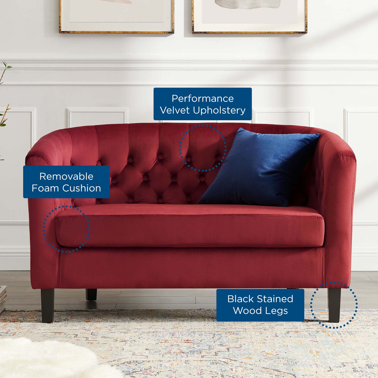 Modway Loveseats - Prospect Performance Velvet Loveseat Maroon