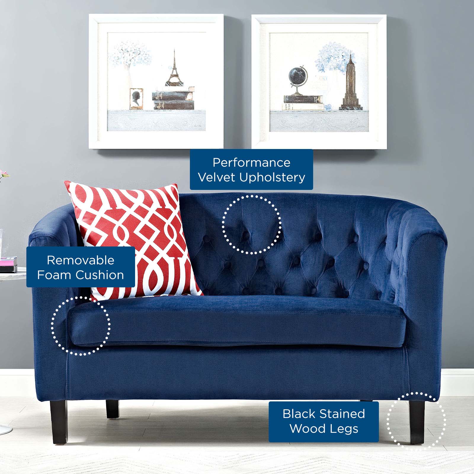 Modway Loveseats - Prospect Velvet Loveseat Navy