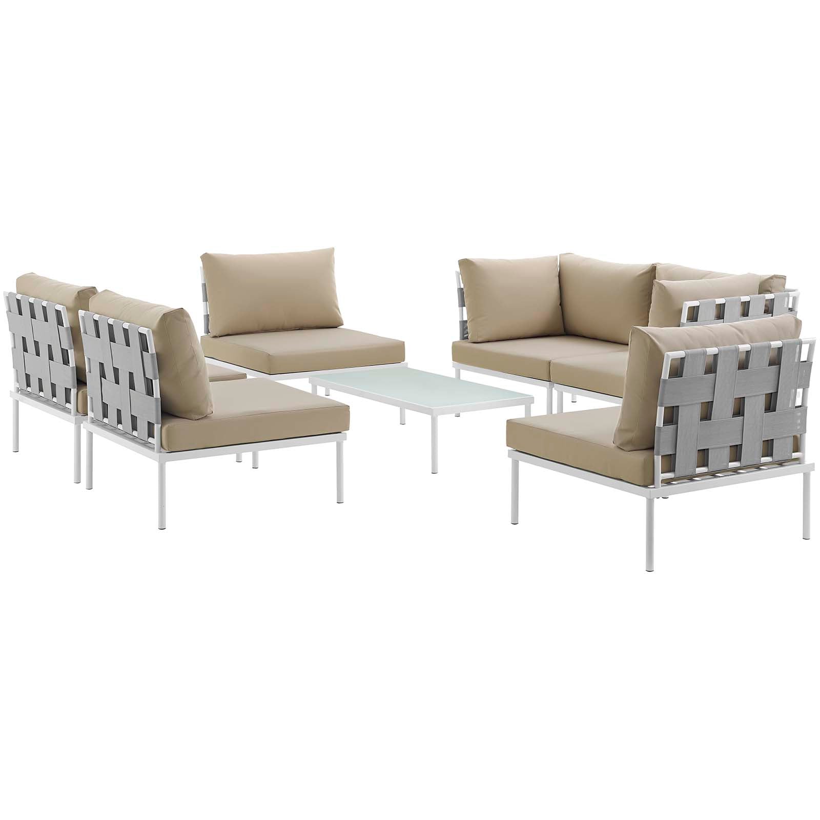 Modway Outdoor Conversation Sets - Harmony 7 Piece Outdoor 132"W Patio Aluminum Sectional Sofa Set Whit