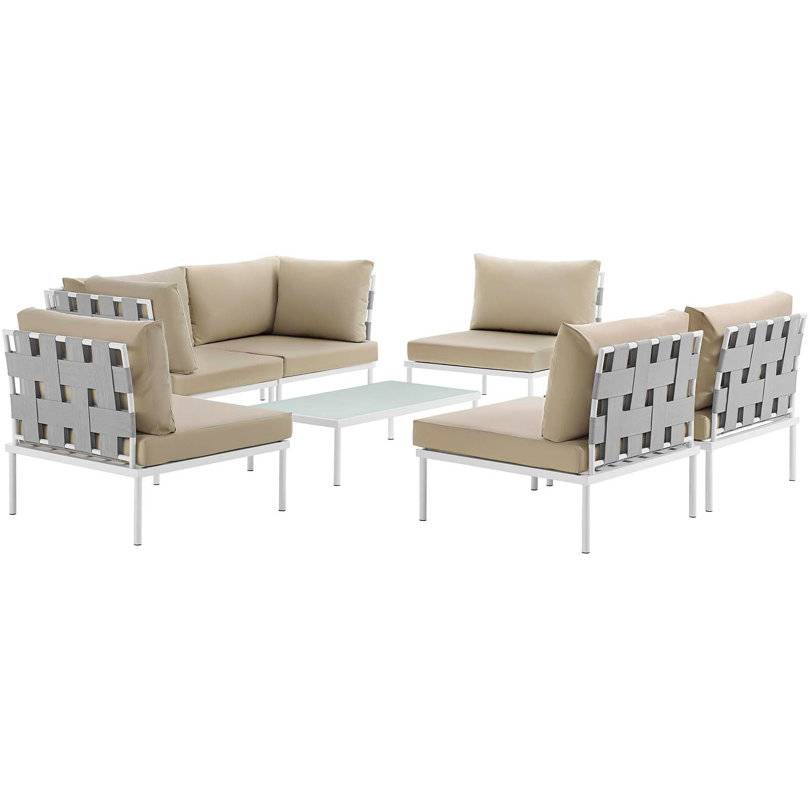 Modway Outdoor Conversation Sets - Harmony 7 Piece Outdoor 132"W Patio Aluminum Sectional Sofa Set Whit