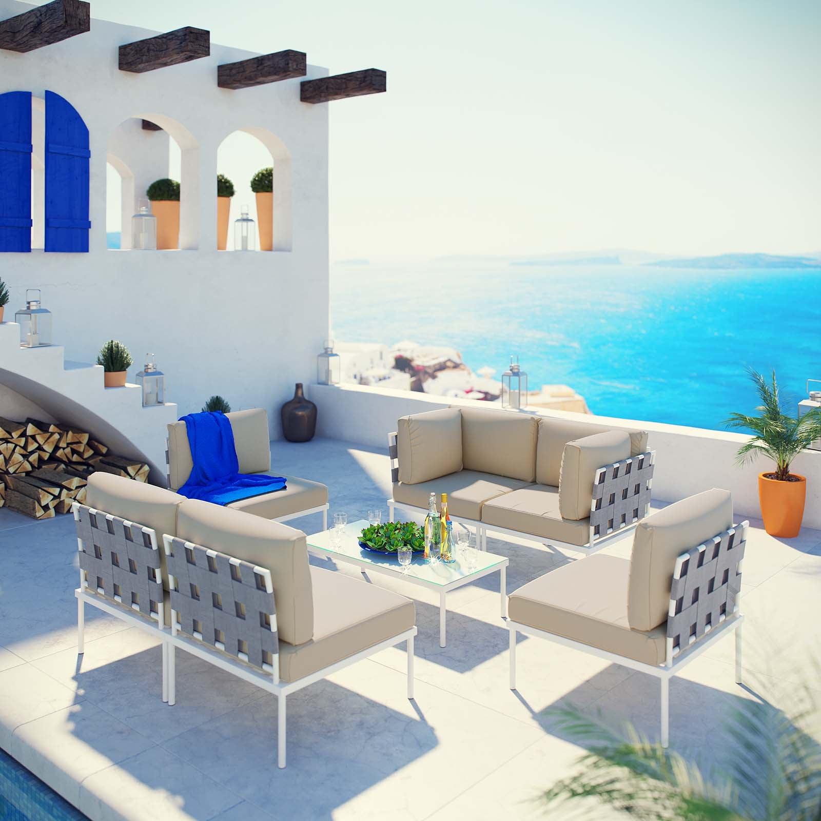 Modway Outdoor Conversation Sets - Harmony 7 Piece Outdoor 132"W Patio Aluminum Sectional Sofa Set Whit