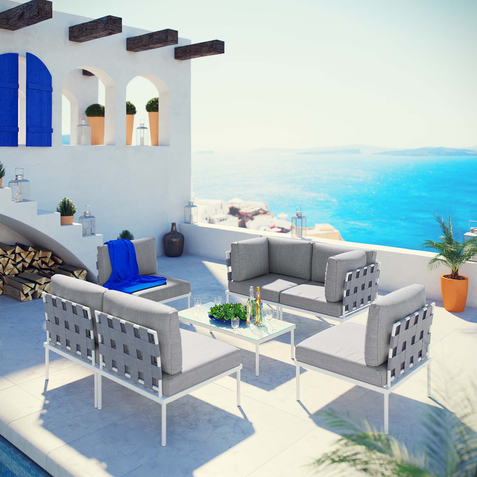 Modway Outdoor Conversation Sets - Harmony 132" 7 Piece Outdoor Patio Aluminum Sectional Sofa Set White Gray