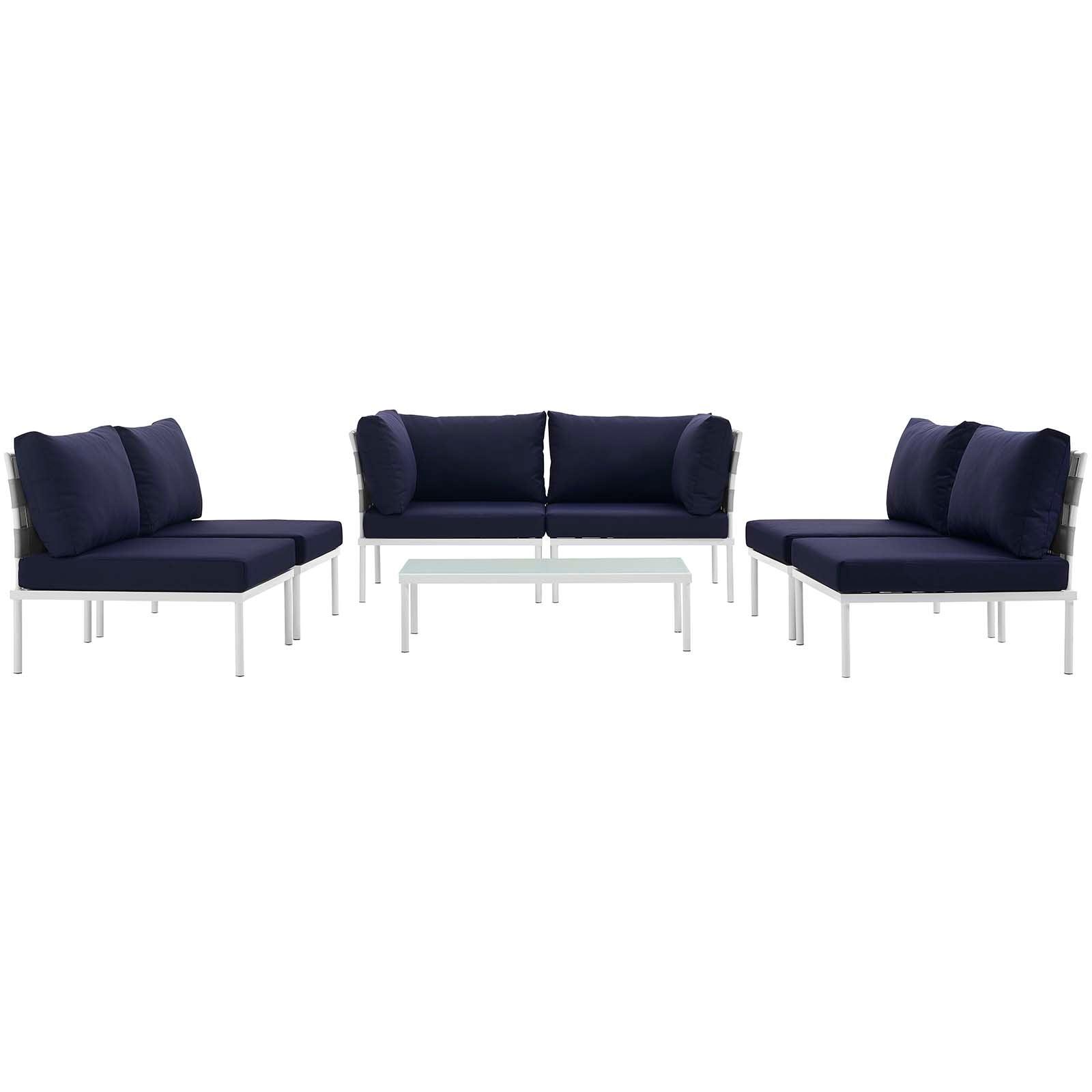 Modway Outdoor Sofas - Harmony 7 Pc Outdoor Patio Aluminum Sectional Sofa Set White Navy