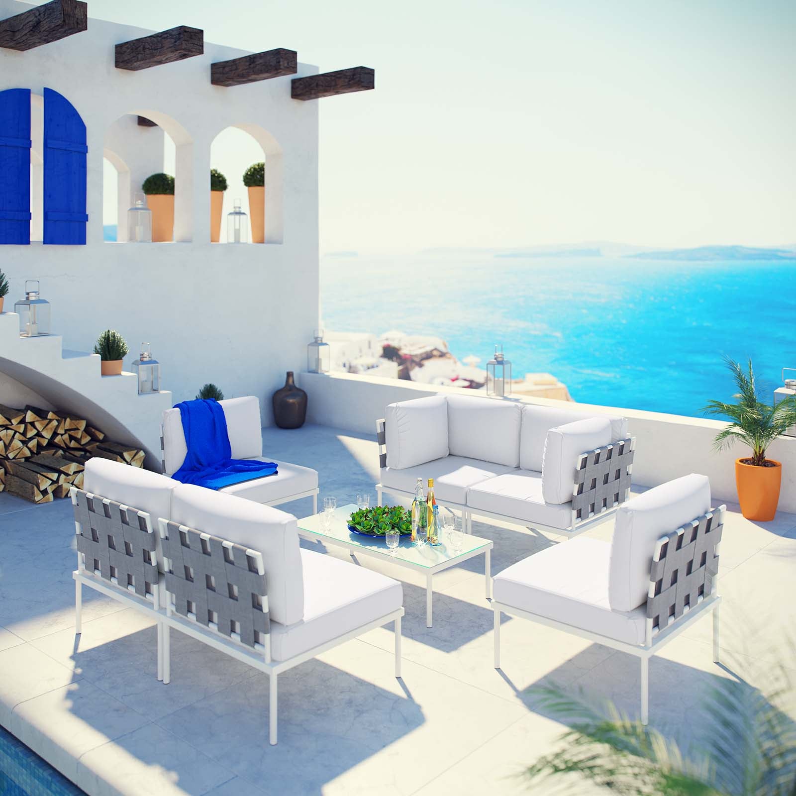 Modway Outdoor Conversation Sets - Harmony 132" 7 Piece Outdoor Patio Aluminum Sectional Sofa Set White White
