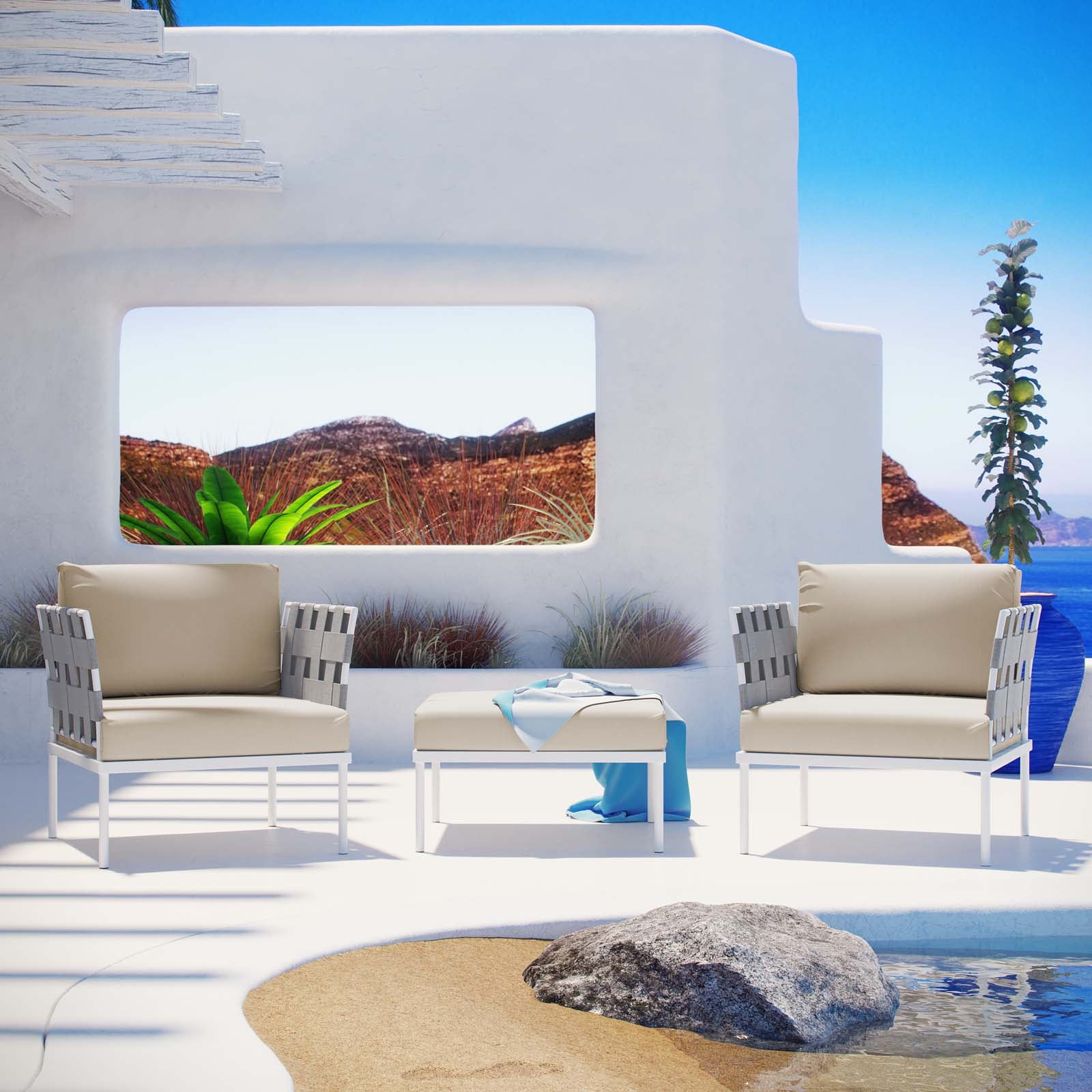 Modway Outdoor Conversation Sets - Harmony 3 Piece Outdoor Patio Aluminum Sectional Sofa Set White Beige