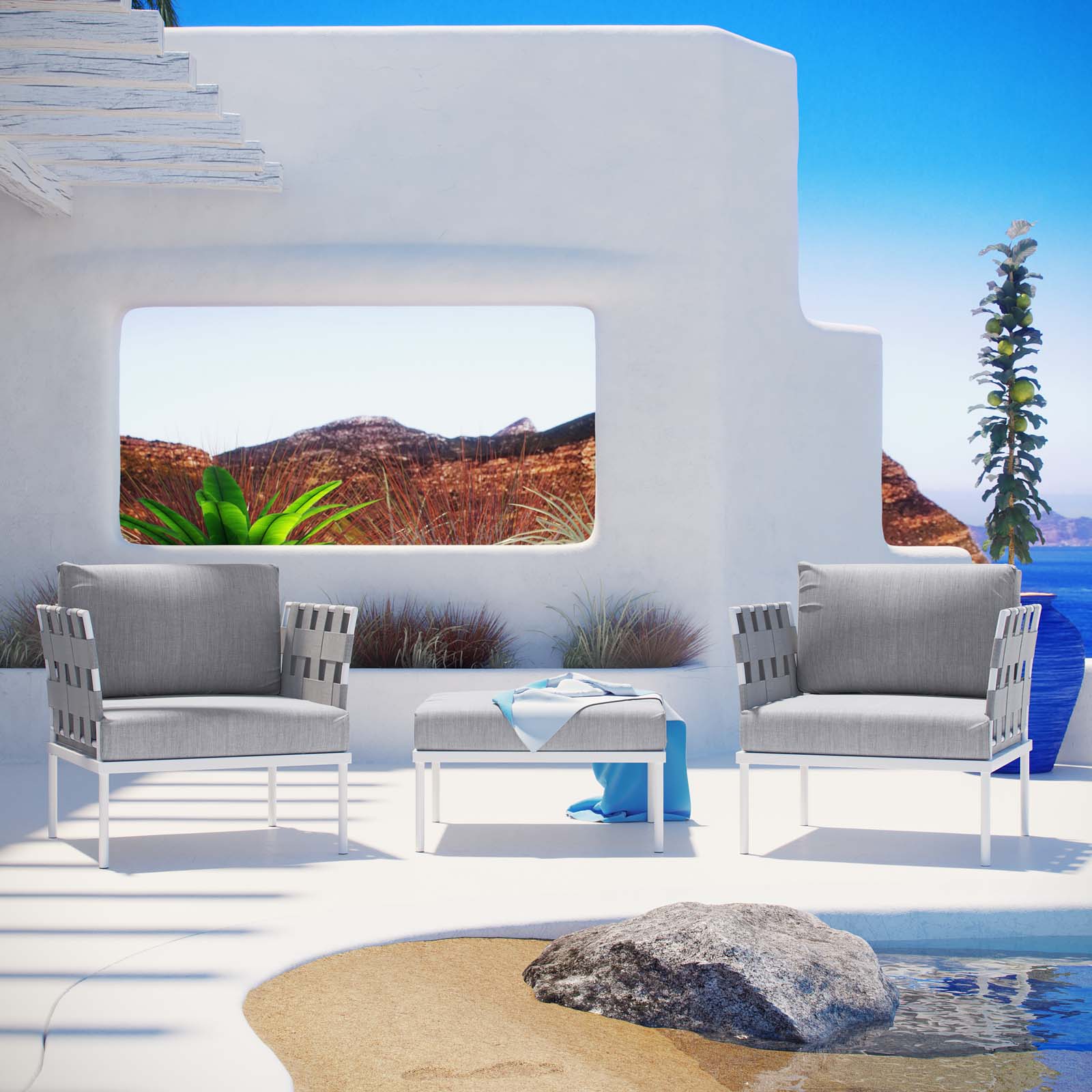 Modway Outdoor Conversation Sets - Harmony 3 Piece Outdoor Patio Aluminum Sectional Sofa Set White Gray